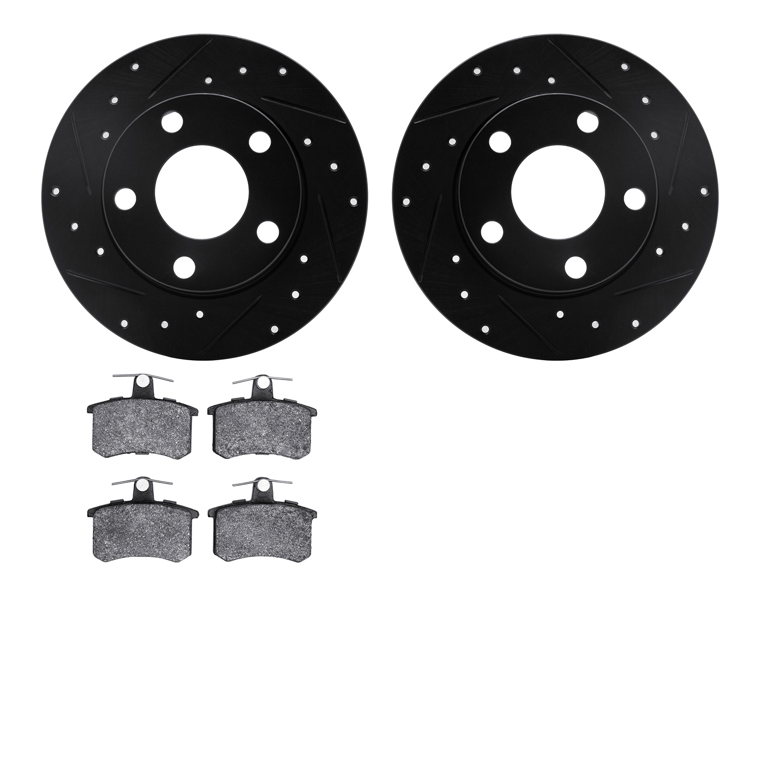 8602-73010 Drilled/Slotted Brake Rotors w/5000 Euro Ceramic Brake Pads Kit [Black], 1986-2000 Audi/Volkswagen, Position: Rear