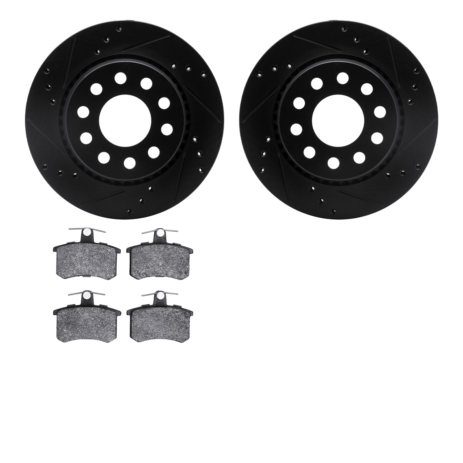 8602-73012 Drilled/Slotted Brake Rotors w/5000 Euro Ceramic Brake Pads Kit [Black], 1990-1997 Audi/Volkswagen, Position: Rear