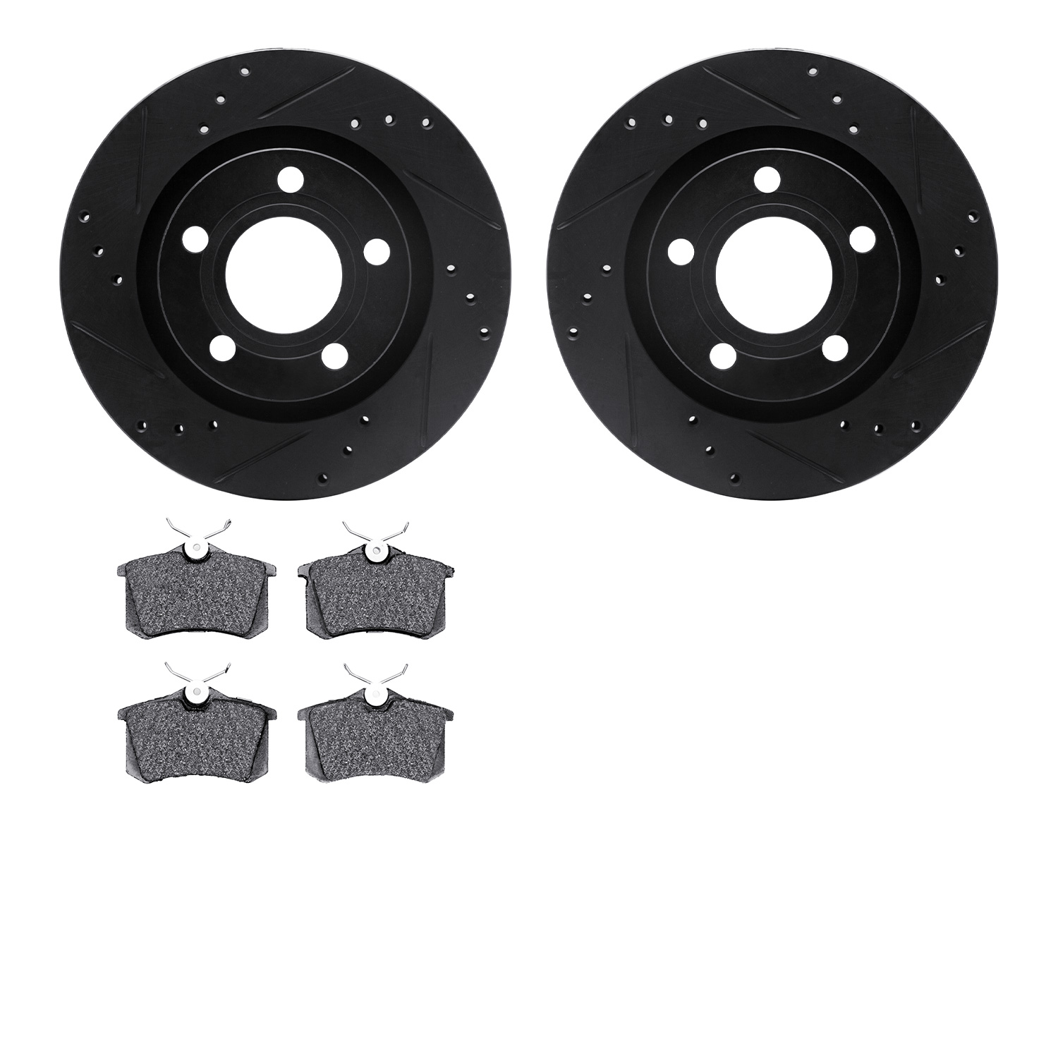 8602-73019 Drilled/Slotted Brake Rotors w/5000 Euro Ceramic Brake Pads Kit [Black], 2000-2003 Audi/Volkswagen, Position: Rear