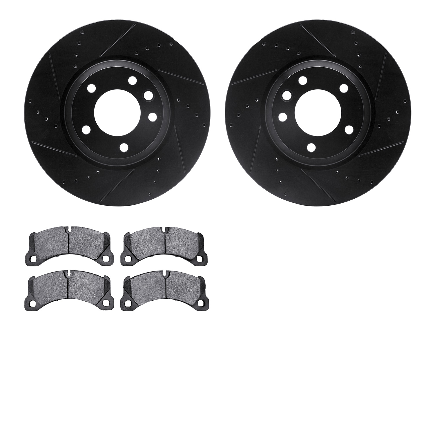 8602-74053 Drilled/Slotted Brake Rotors w/5000 Euro Ceramic Brake Pads Kit [Black], 2011-2014 Porsche, Position: Front