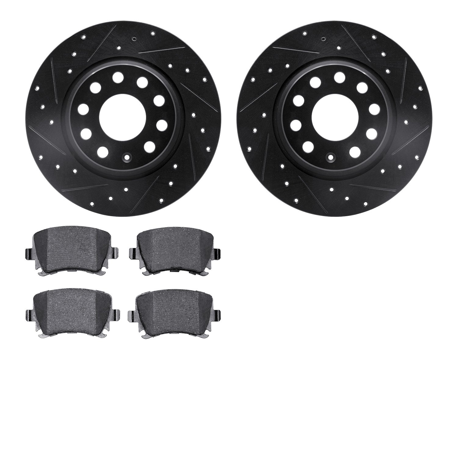 8602-74059 Drilled/Slotted Brake Rotors w/5000 Euro Ceramic Brake Pads Kit [Black], 2005-2018 Audi/Volkswagen, Position: Rear