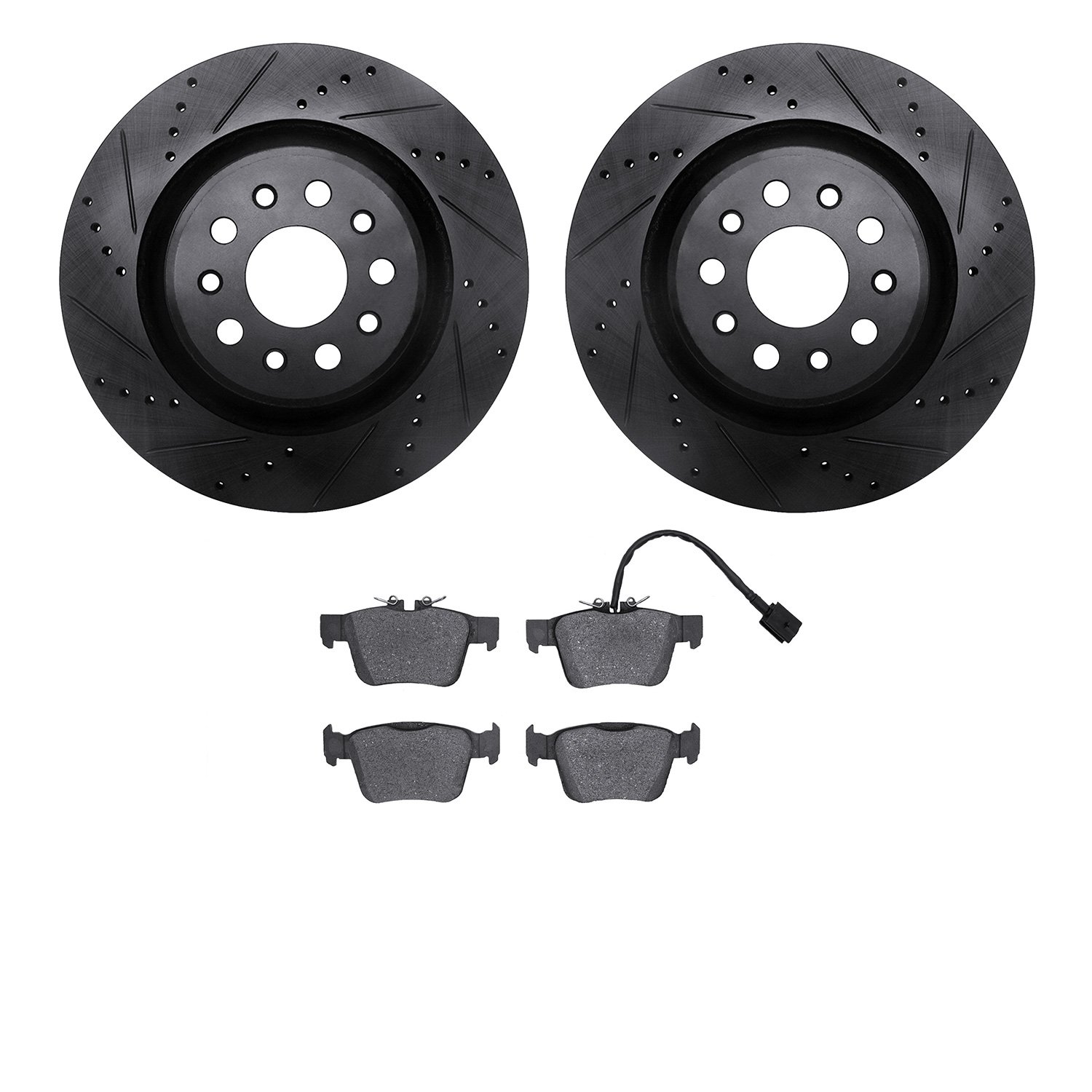 8602-79003 Drilled/Slotted Brake Rotors w/5000 Euro Ceramic Brake Pads Kit [Black], Fits Select Maserati, Position: Rear