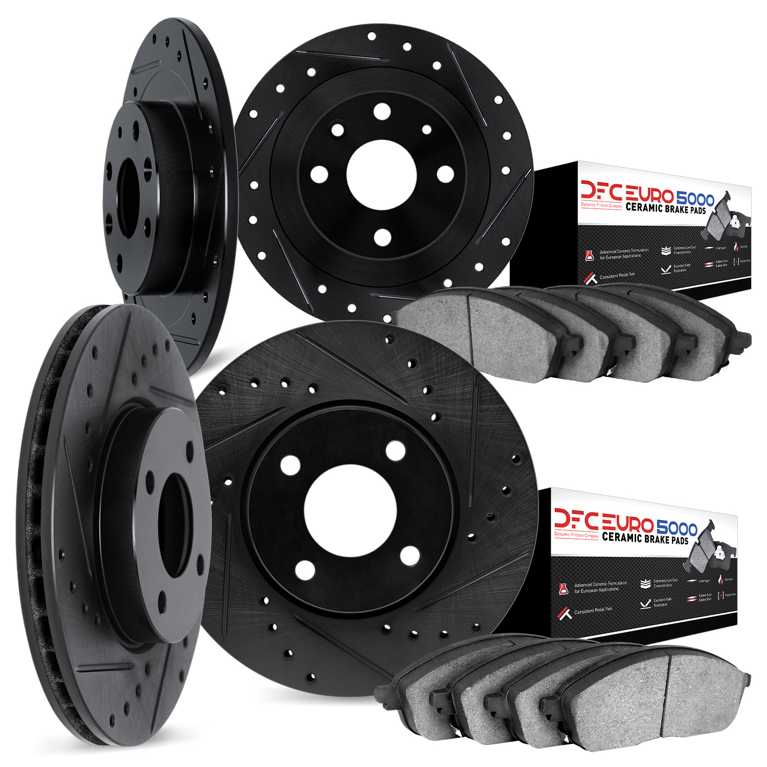 8604-07000 Drilled/Slotted Brake Rotors w/5000 Euro Ceramic Brake Pads Kit [Black], 2012-2019 Mopar, Position: Front and Rear