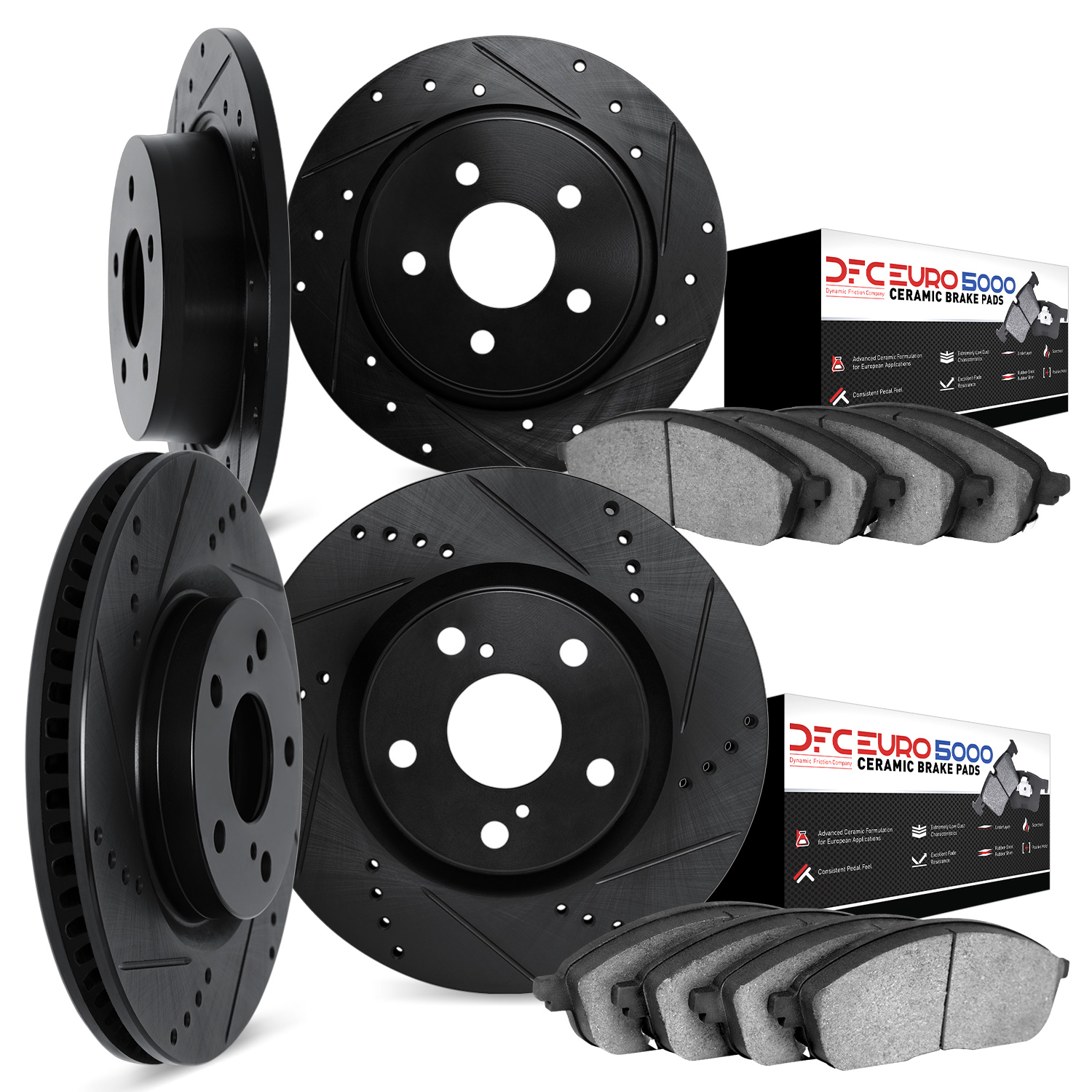 8604-07002 Drilled/Slotted Brake Rotors w/5000 Euro Ceramic Brake Pads Kit [Black], 2014-2019 Mopar, Position: Front and Rear