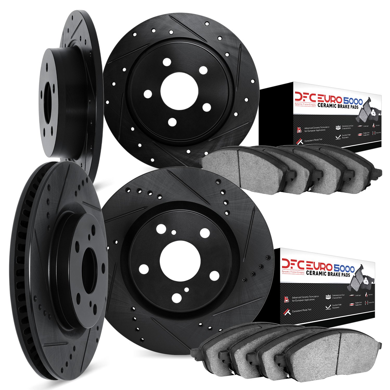 8604-11001 Drilled/Slotted Brake Rotors w/5000 Euro Ceramic Brake Pads Kit [Black], 1999-2004 Land Rover, Position: Front and Re