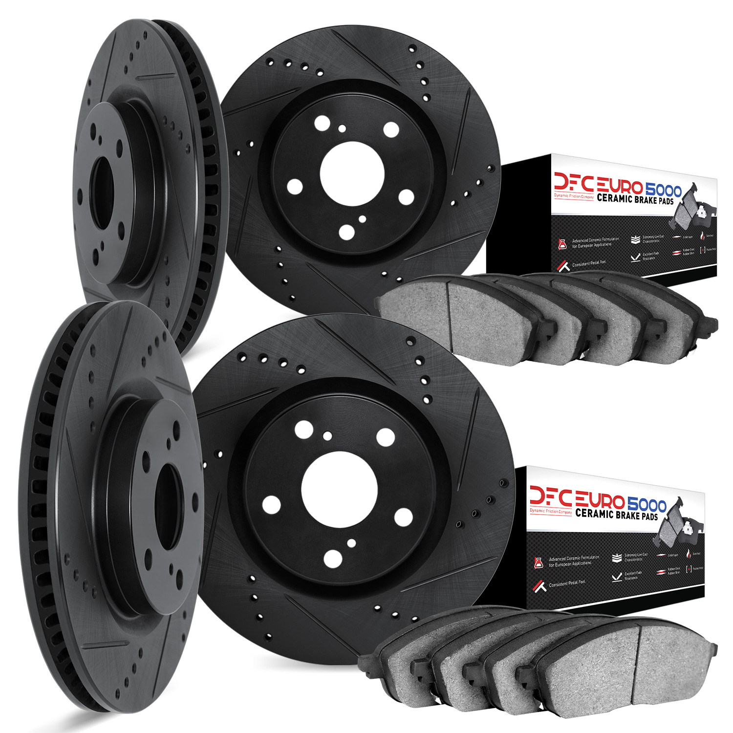 8604-31010 Drilled/Slotted Brake Rotors w/5000 Euro Ceramic Brake Pads Kit [Black], 1997-2000 BMW, Position: Front and Rear