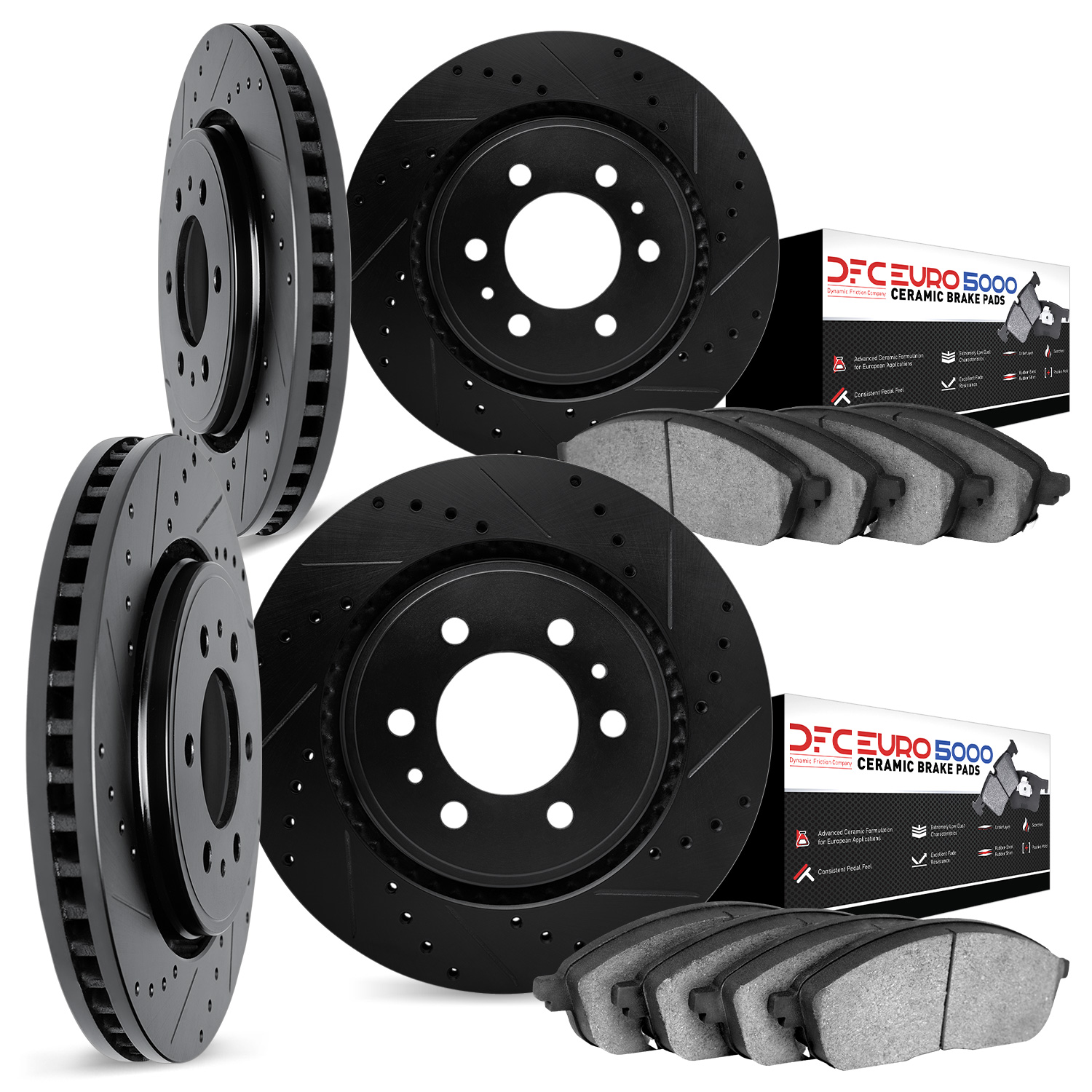 8604-46003 Drilled/Slotted Brake Rotors w/5000 Euro Ceramic Brake Pads Kit [Black], 2004-2009 GM, Position: Front and Rear