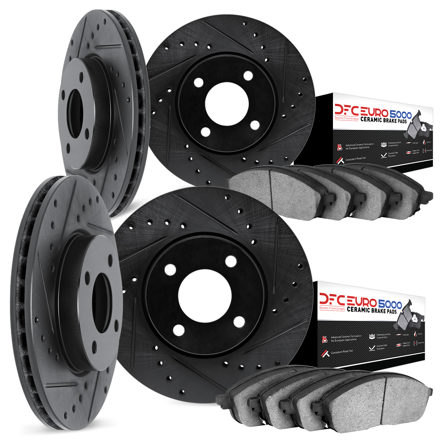 8604-56000 Drilled/Slotted Brake Rotors w/5000 Euro Ceramic Brake Pads Kit [Black], 1995-2000 Ford/Lincoln/Mercury/Mazda, Positi