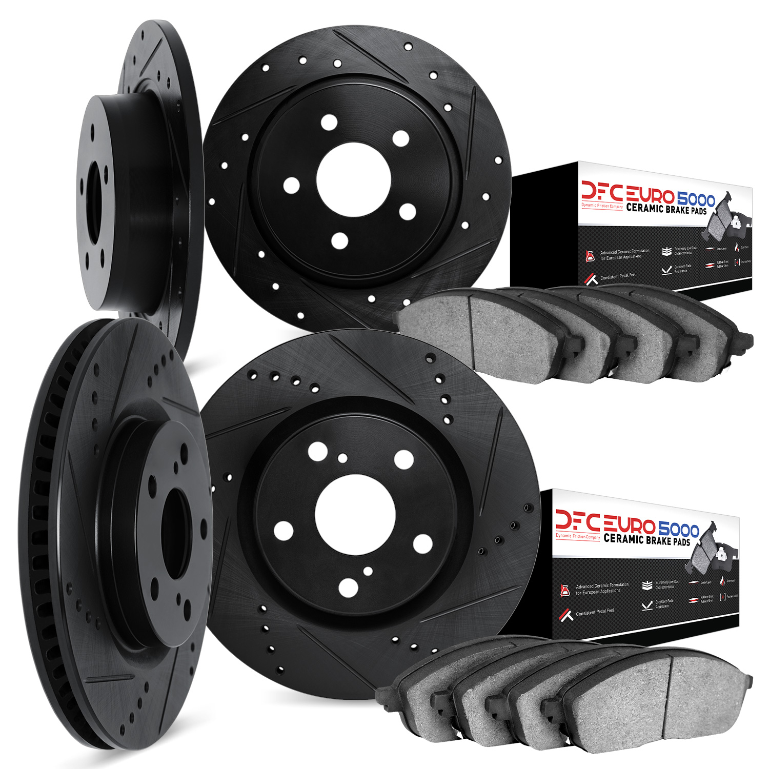 8604-73006 Drilled/Slotted Brake Rotors w/5000 Euro Ceramic Brake Pads Kit [Black], 1999-2001 Audi/Volkswagen, Position: Front a