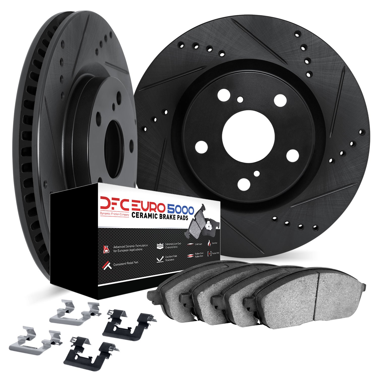 8612-02009 Drilled/Slotted Brake Rotors w/5000 Euro Ceramic Brake Pads Kit & Hardware [Black], 2014-2021 Porsche, Position: Fron