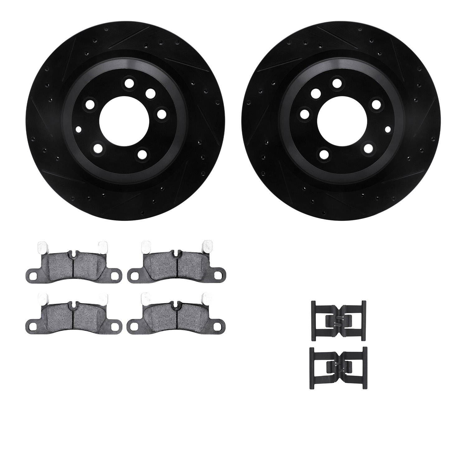 8612-02011 Drilled/Slotted Brake Rotors w/5000 Euro Ceramic Brake Pads Kit & Hardware [Black], 2011-2018 Porsche, Position: Rear