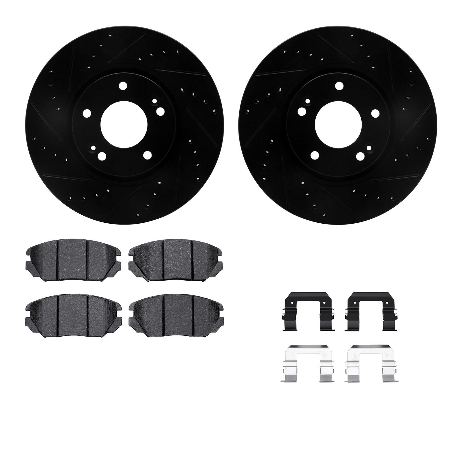 8612-03001 Drilled/Slotted Brake Rotors w/5000 Euro Ceramic Brake Pads Kit & Hardware [Black], 2005-2010 Kia/Hyundai/Genesis, Po