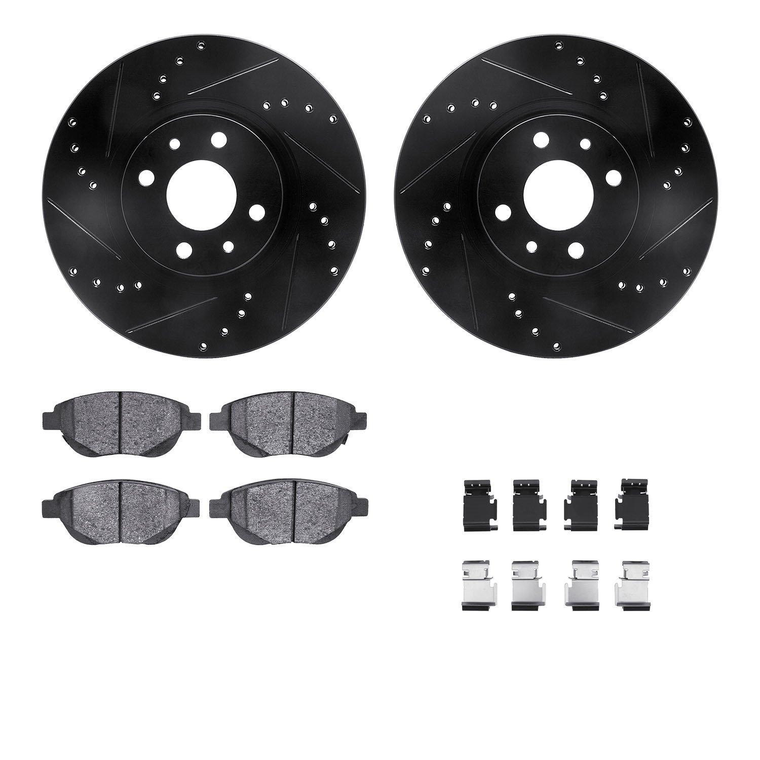 8612-07003 Drilled/Slotted Brake Rotors w/5000 Euro Ceramic Brake Pads Kit & Hardware [Black], 2012-2019 Mopar, Position: Front