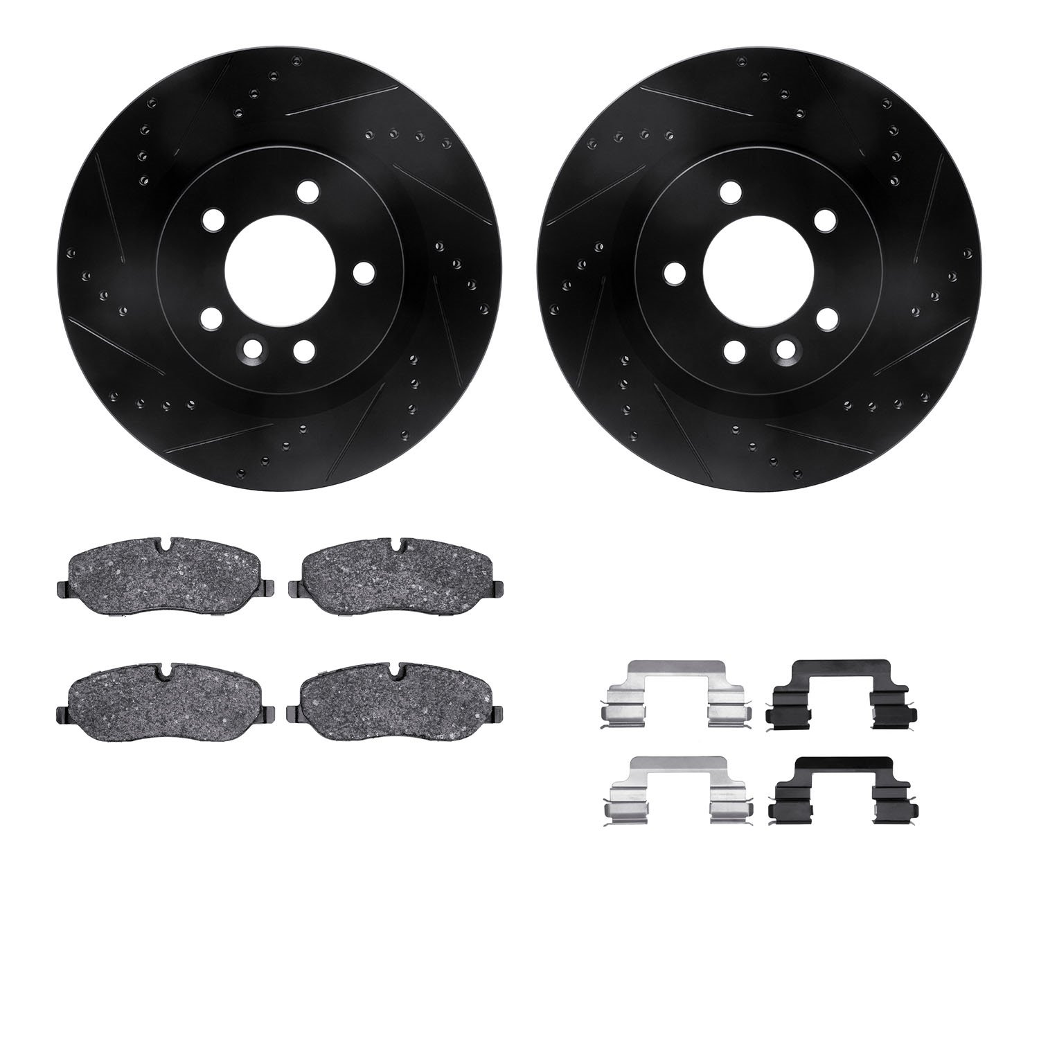 8612-11005 Drilled/Slotted Brake Rotors w/5000 Euro Ceramic Brake Pads Kit & Hardware [Black], 2005-2009 Land Rover, Position: F