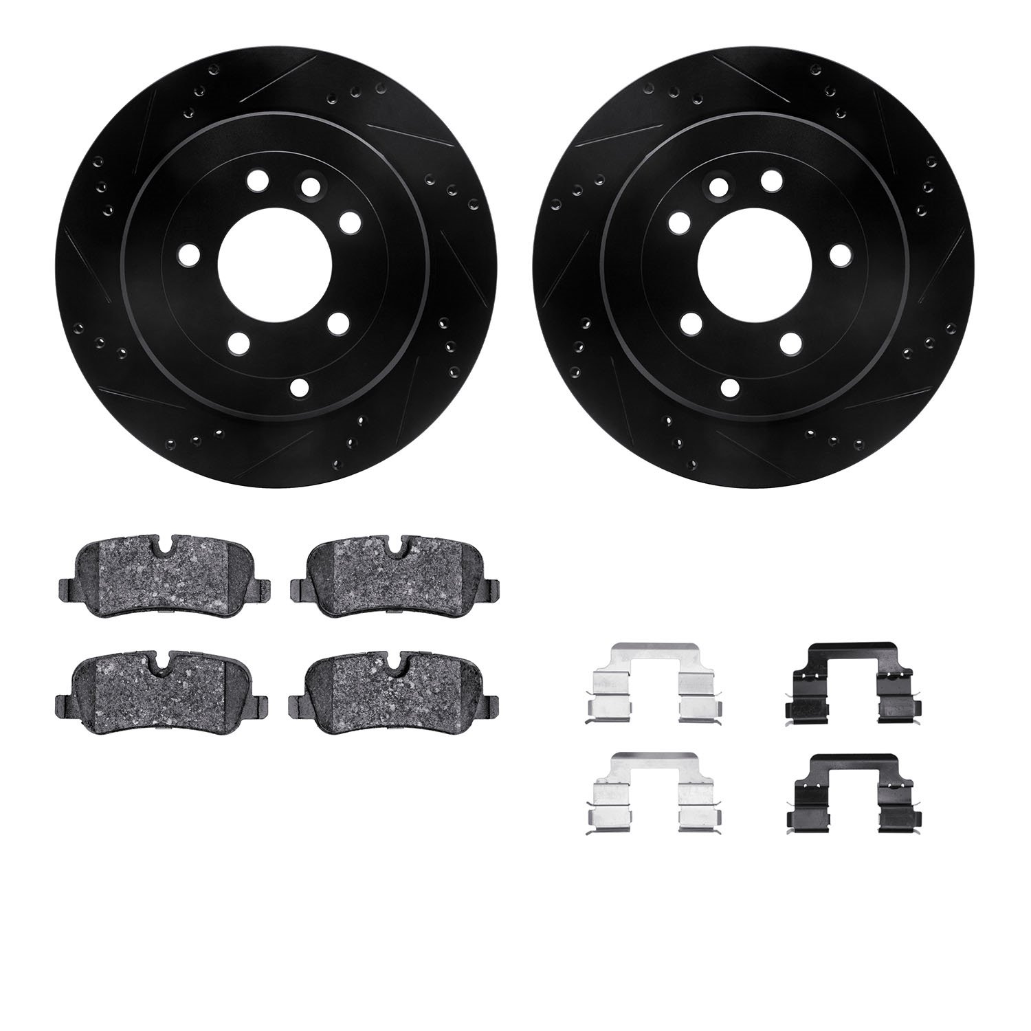 8612-11010 Drilled/Slotted Brake Rotors w/5000 Euro Ceramic Brake Pads Kit & Hardware [Black], 2005-2007 Land Rover, Position: R