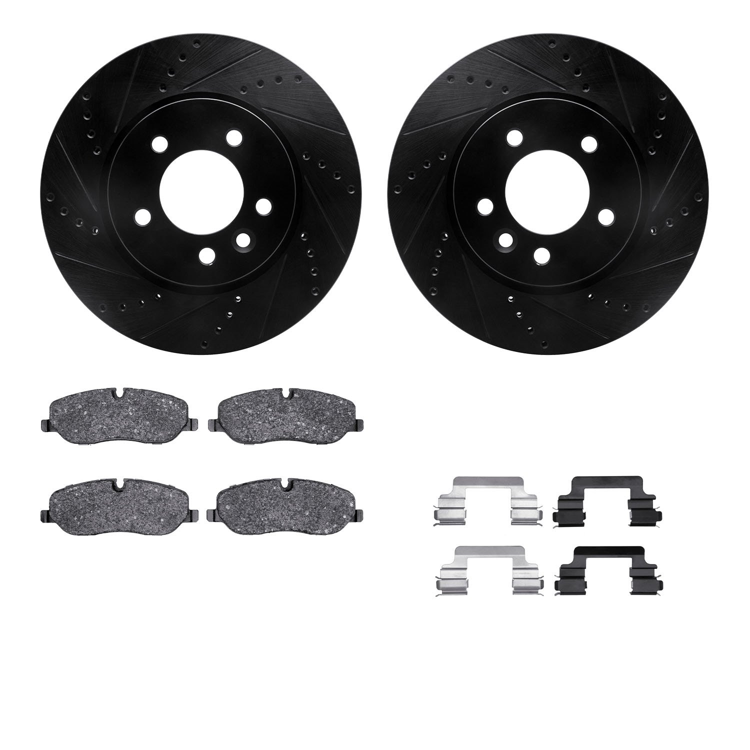 8612-11011 Drilled/Slotted Brake Rotors w/5000 Euro Ceramic Brake Pads Kit & Hardware [Black], 2005-2007 Land Rover, Position: F