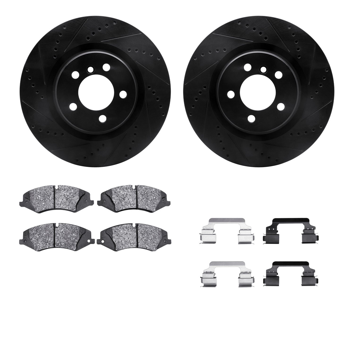 8612-11013 Drilled/Slotted Brake Rotors w/5000 Euro Ceramic Brake Pads Kit & Hardware [Black], 2010-2012 Land Rover, Position: F