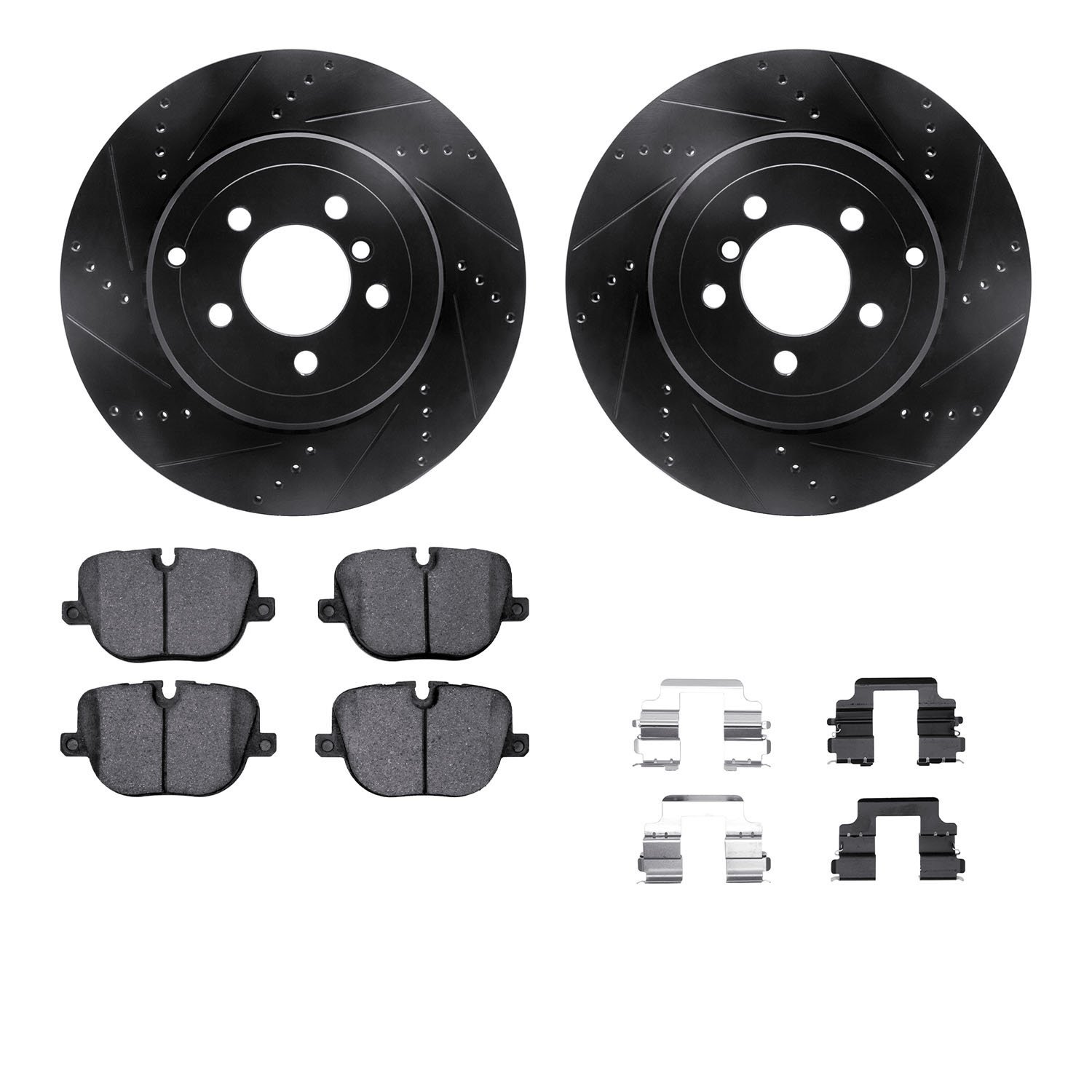 8612-11017 Drilled/Slotted Brake Rotors w/5000 Euro Ceramic Brake Pads Kit & Hardware [Black], 2010-2012 Land Rover, Position: R