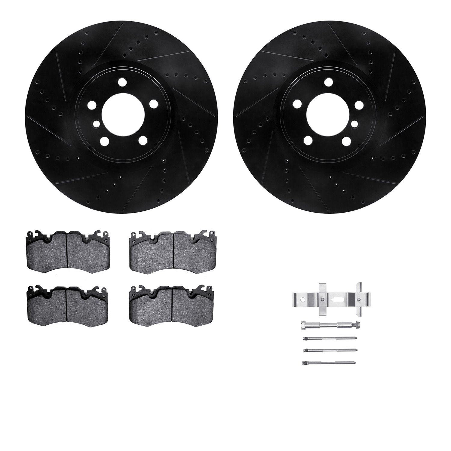 8612-11018 Drilled/Slotted Brake Rotors w/5000 Euro Ceramic Brake Pads Kit & Hardware [Black], 2010-2012 Land Rover, Position: F