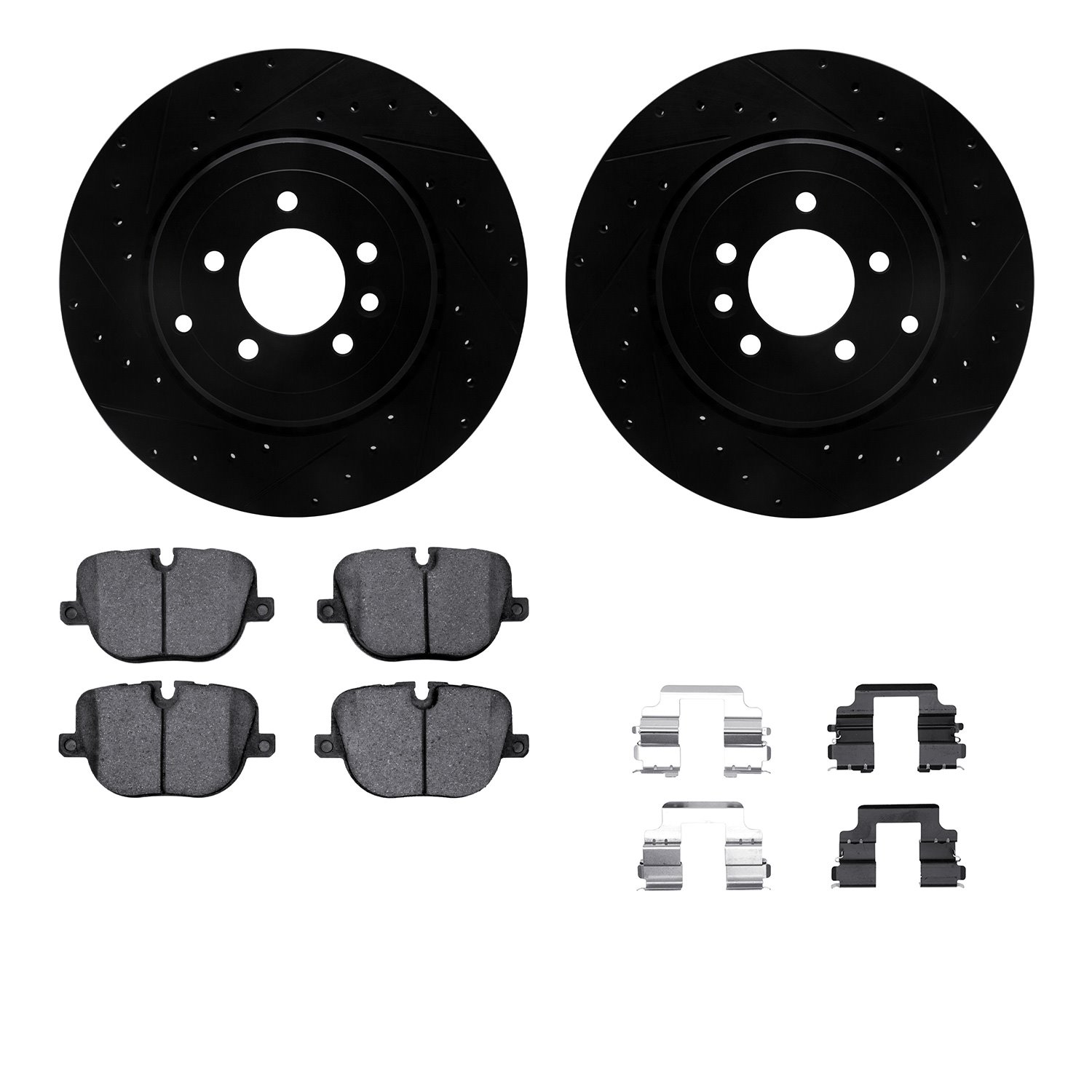 8612-11019 Drilled/Slotted Brake Rotors w/5000 Euro Ceramic Brake Pads Kit & Hardware [Black], 2010-2013 Land Rover, Position: R
