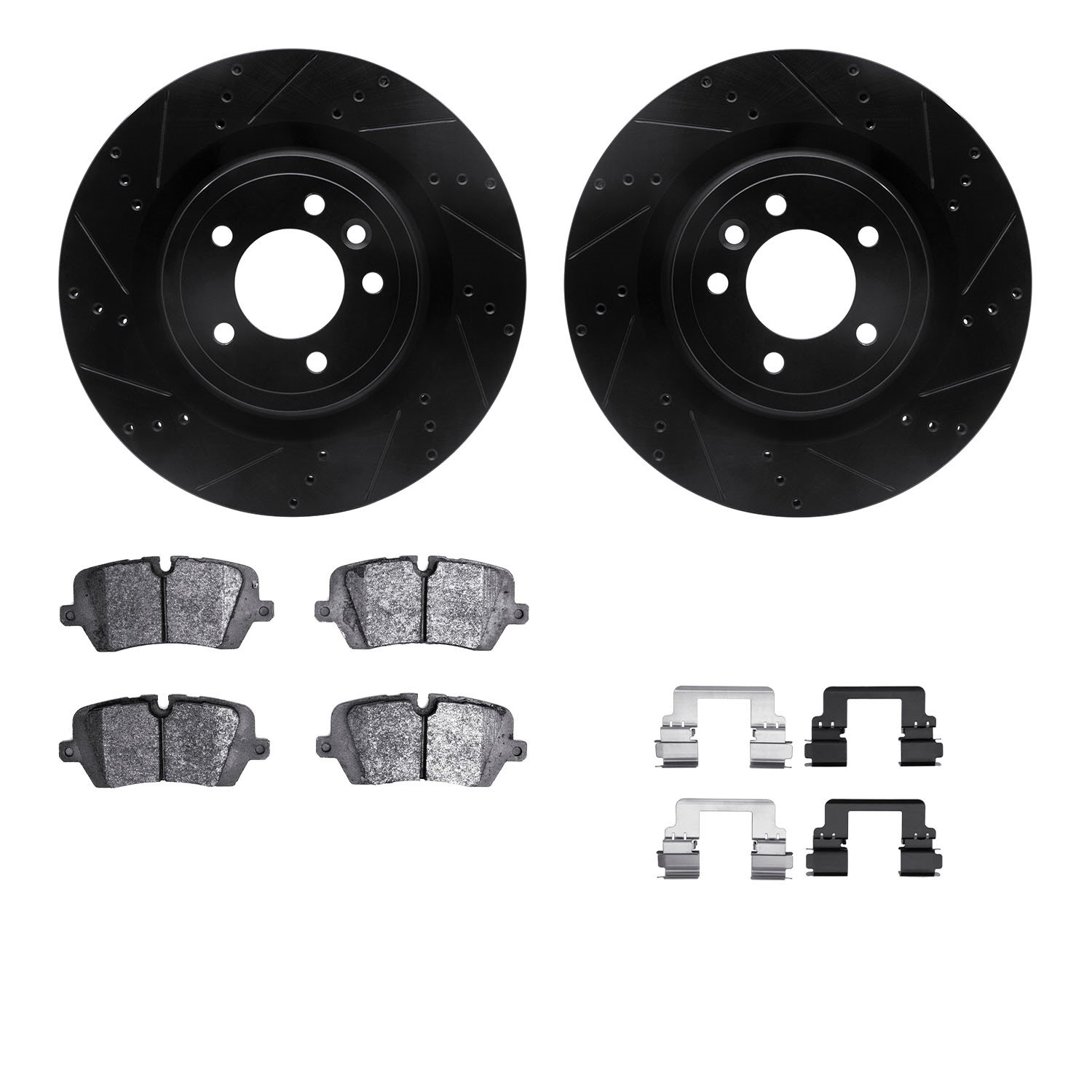 8612-11025 Drilled/Slotted Brake Rotors w/5000 Euro Ceramic Brake Pads Kit & Hardware [Black], Fits Select Land Rover, Position: