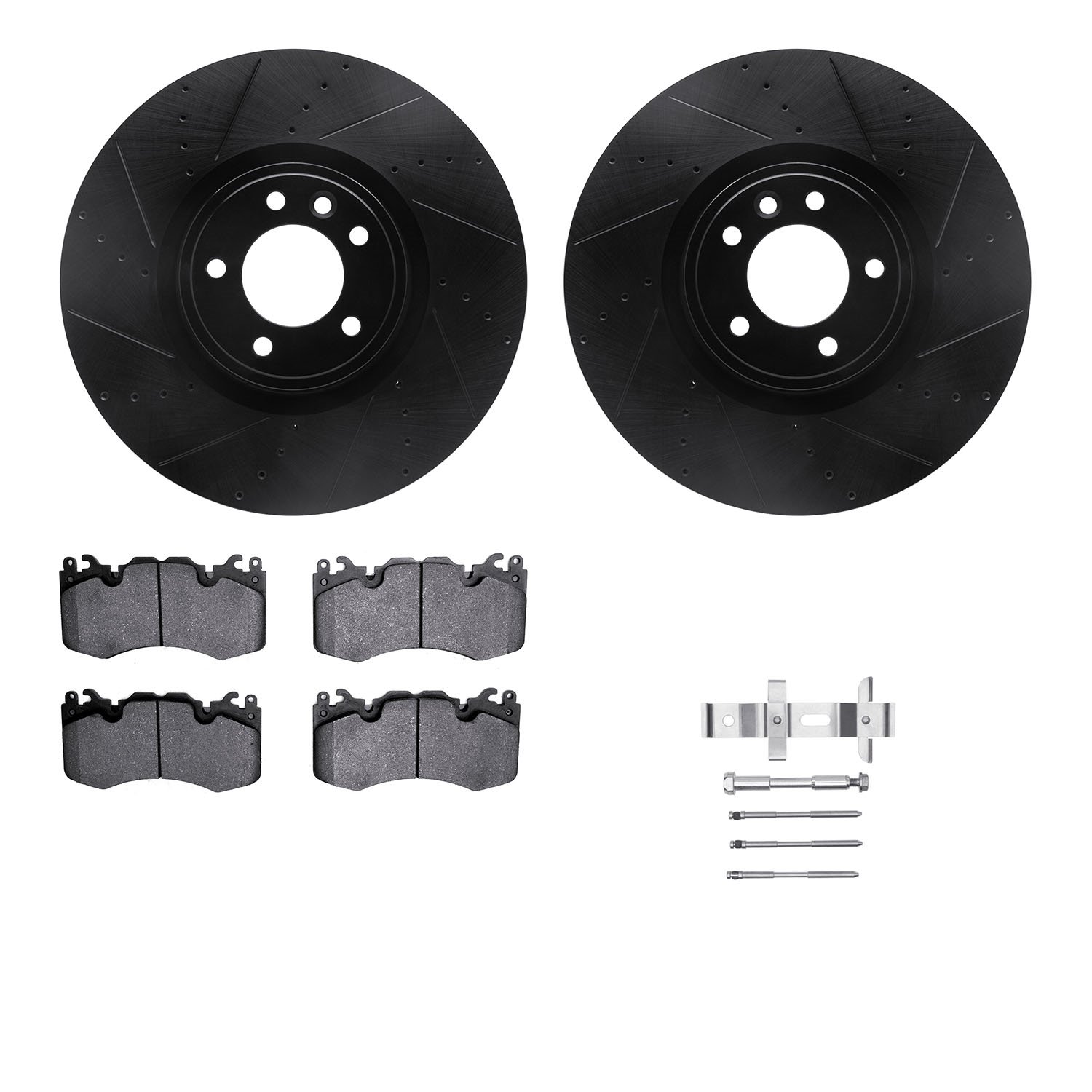 8612-11028 Drilled/Slotted Brake Rotors w/5000 Euro Ceramic Brake Pads Kit & Hardware [Black], Fits Select Land Rover, Position: