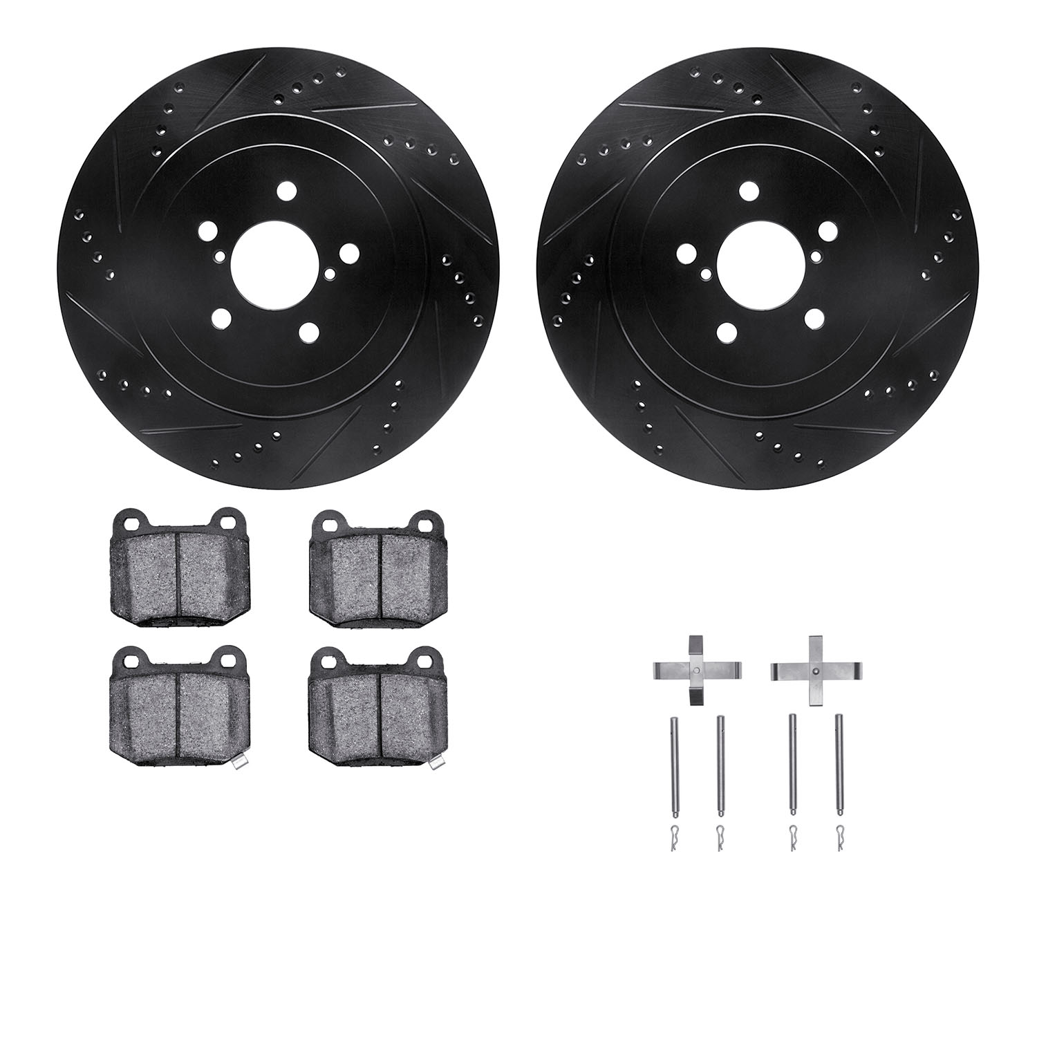 8612-13003 Drilled/Slotted Brake Rotors w/5000 Euro Ceramic Brake Pads Kit & Hardware [Black], 2003-2004 Subaru, Position: Rear