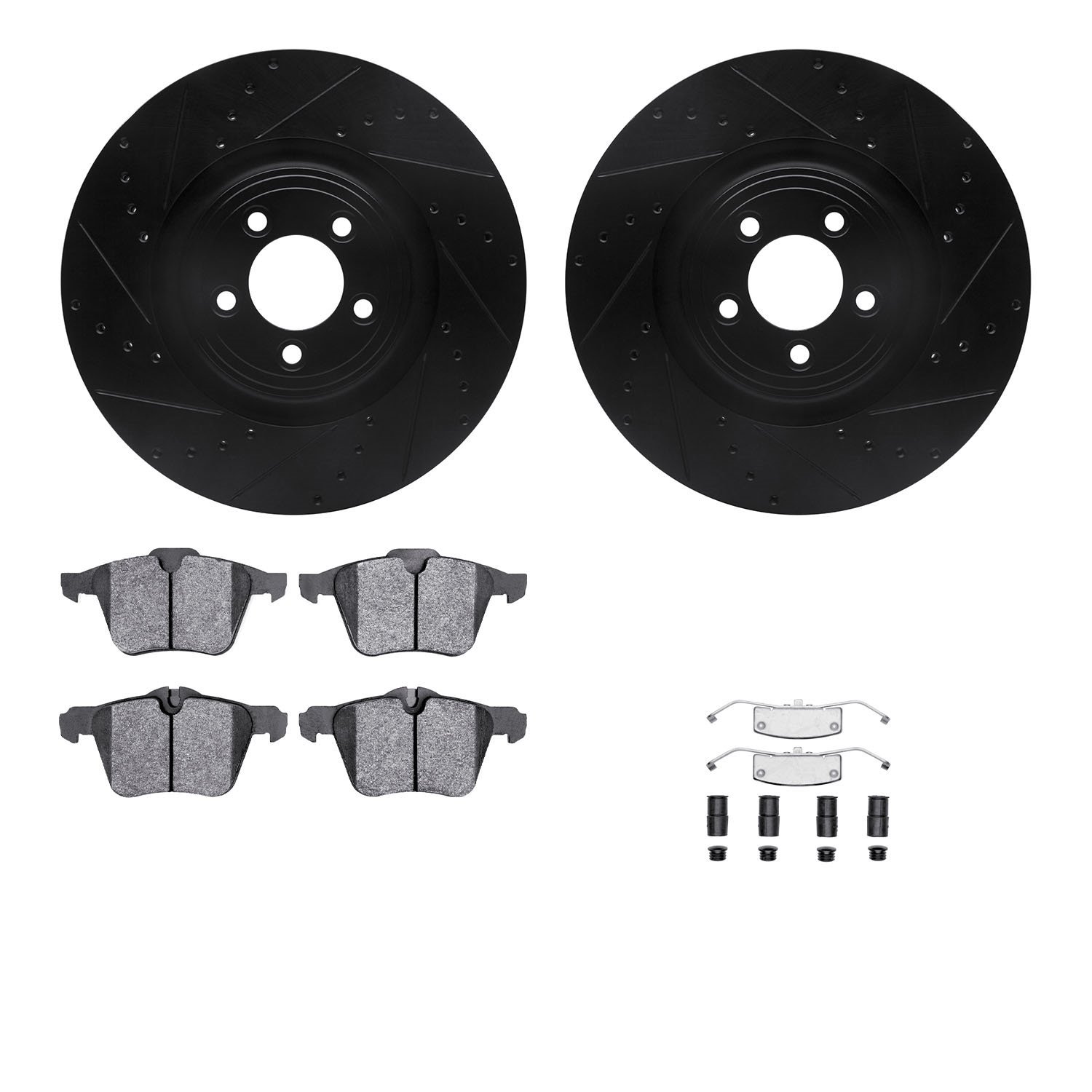 8612-20014 Drilled/Slotted Brake Rotors w/5000 Euro Ceramic Brake Pads Kit & Hardware [Black], 2009-2015 Jaguar, Position: Front