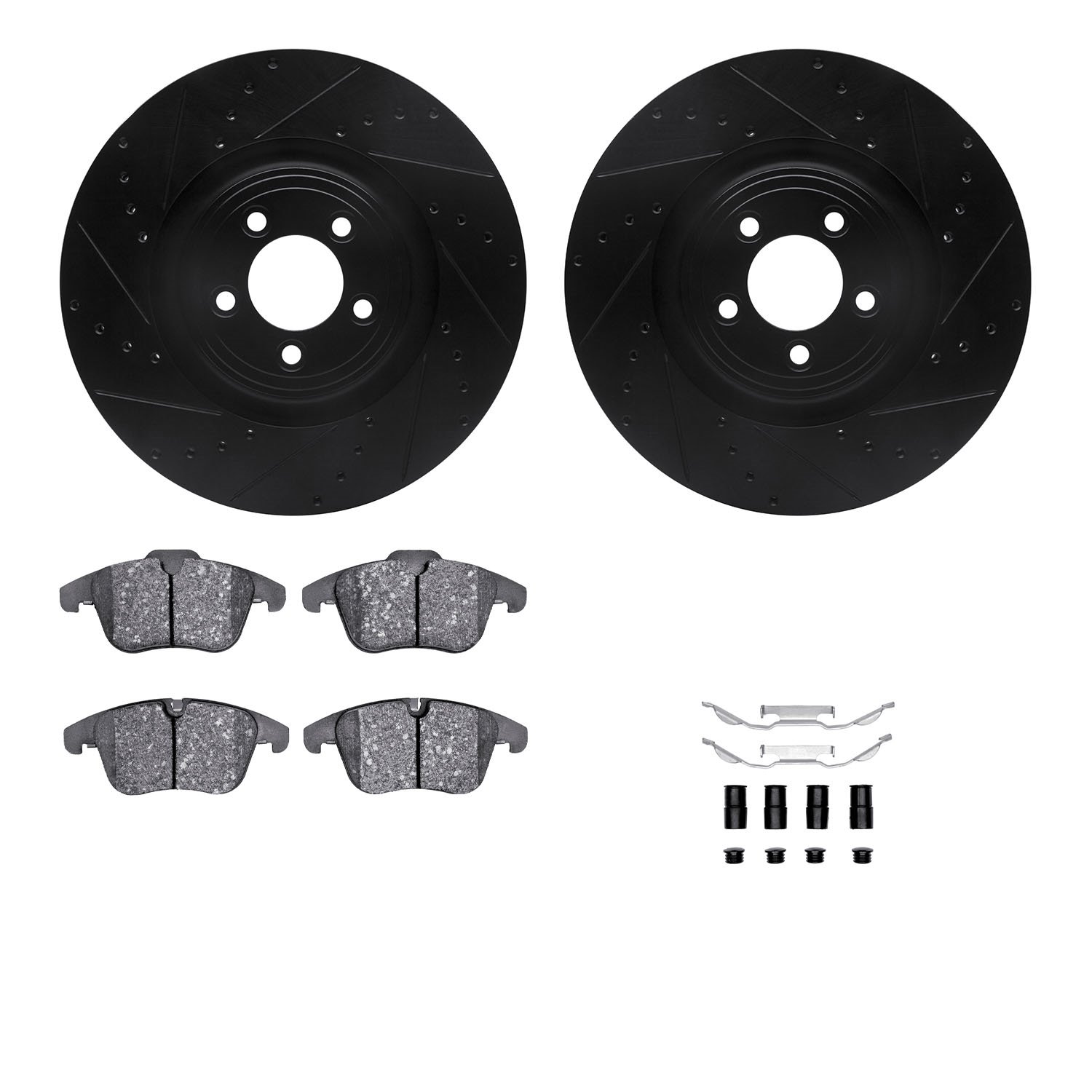 8612-20015 Drilled/Slotted Brake Rotors w/5000 Euro Ceramic Brake Pads Kit & Hardware [Black], 2013-2015 Jaguar, Position: Front