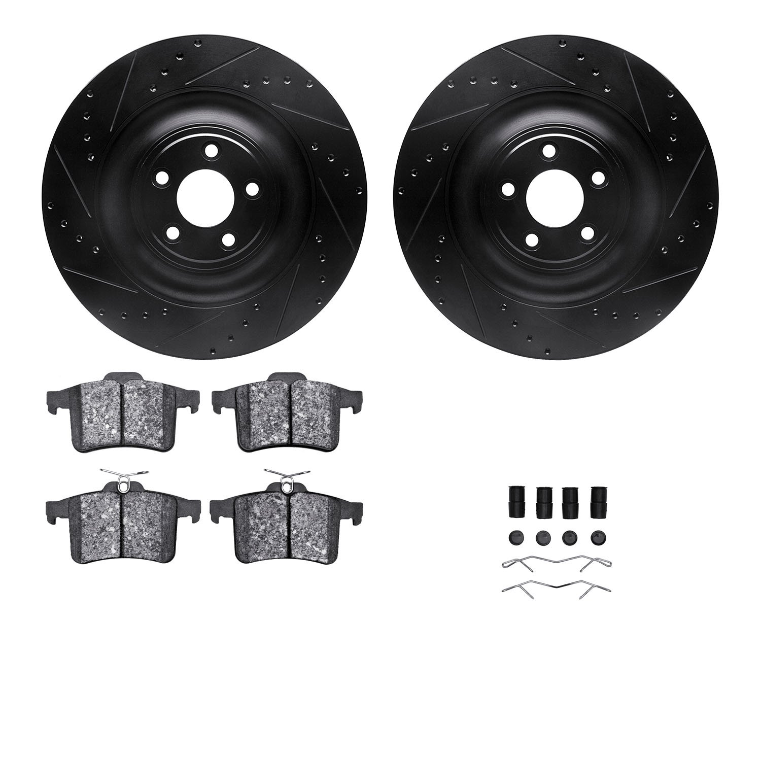 8612-20019 Drilled/Slotted Brake Rotors w/5000 Euro Ceramic Brake Pads Kit & Hardware [Black], 2010-2015 Jaguar, Position: Rear