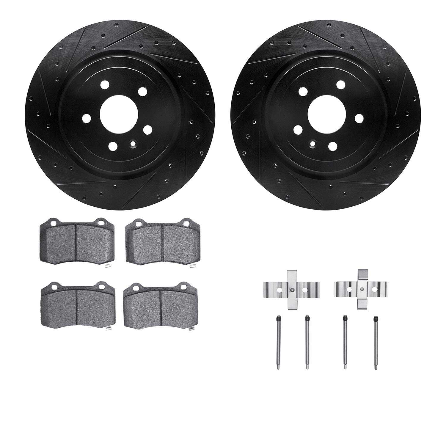 8612-26000 Drilled/Slotted Brake Rotors w/5000 Euro Ceramic Brake Pads Kit & Hardware [Black], 2012-2020 Tesla, Position: Rear