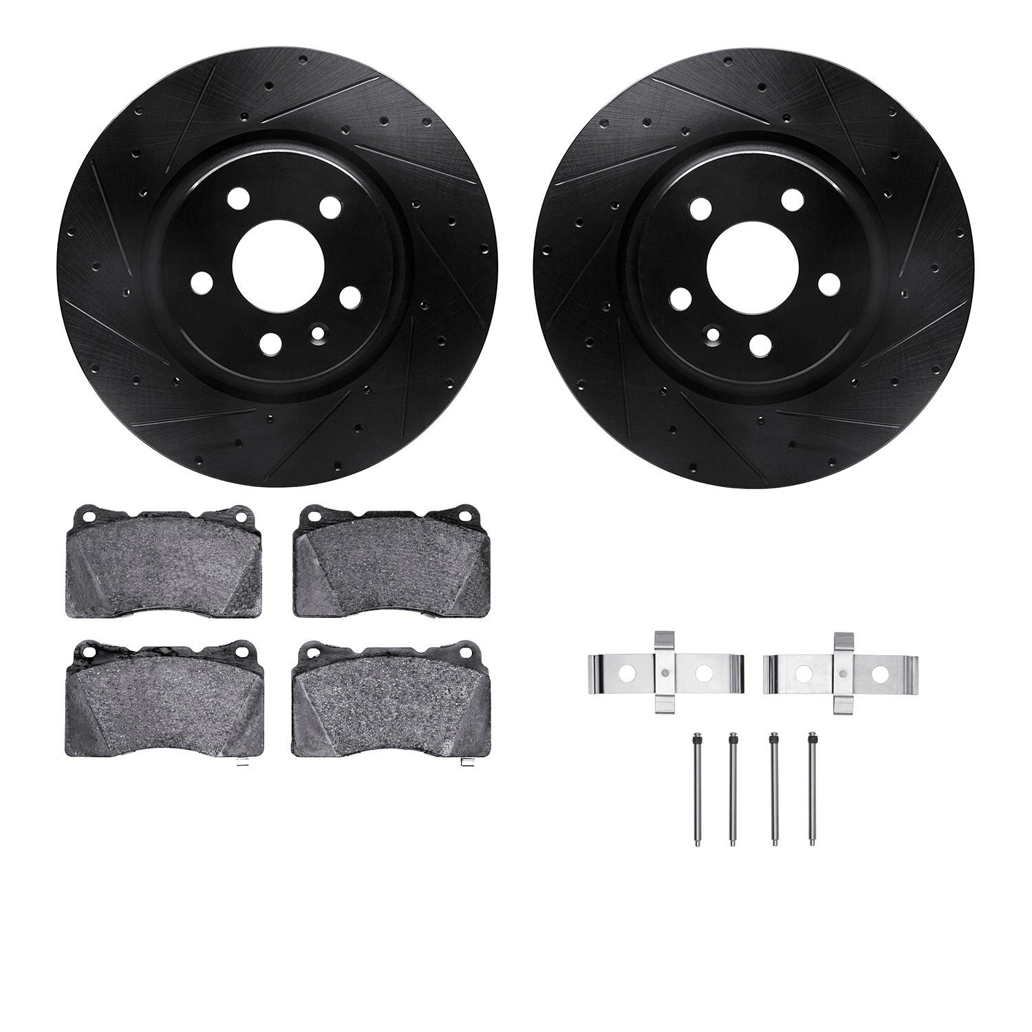 8612-26001 Drilled/Slotted Brake Rotors w/5000 Euro Ceramic Brake Pads Kit & Hardware [Black], 2014-2021 Tesla, Position: Front