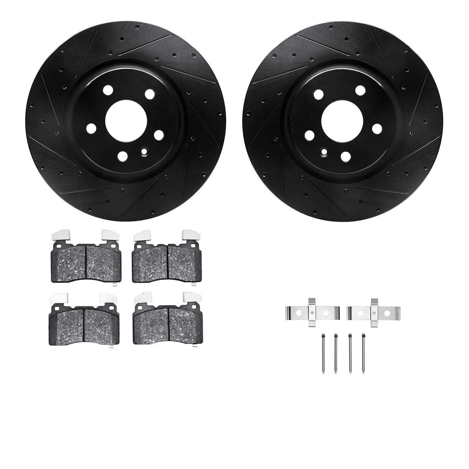 8612-26002 Drilled/Slotted Brake Rotors w/5000 Euro Ceramic Brake Pads Kit & Hardware [Black], 2012-2013 Tesla, Position: Front
