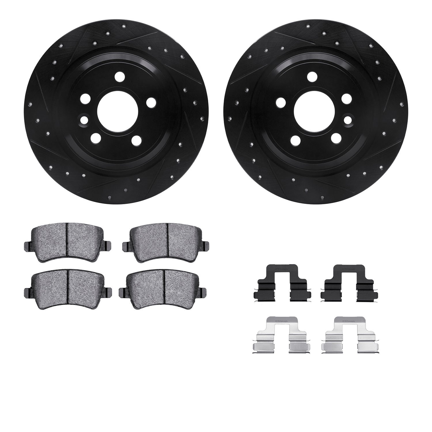 8612-27039 Drilled/Slotted Brake Rotors w/5000 Euro Ceramic Brake Pads Kit & Hardware [Black], 2007-2018 Volvo, Position: Rear