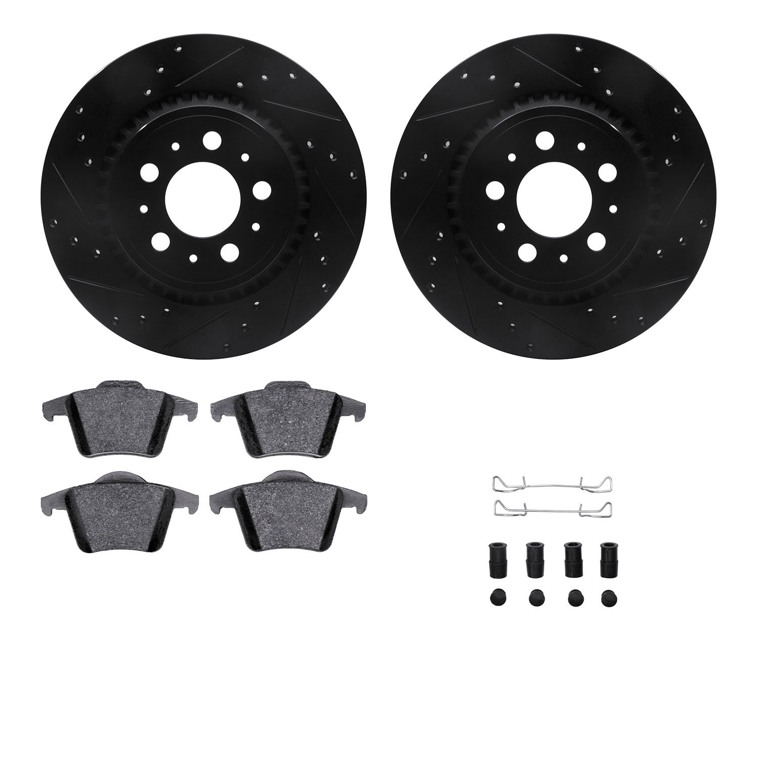 8612-27044 Drilled/Slotted Brake Rotors w/5000 Euro Ceramic Brake Pads Kit & Hardware [Black], 2003-2014 Volvo, Position: Rear