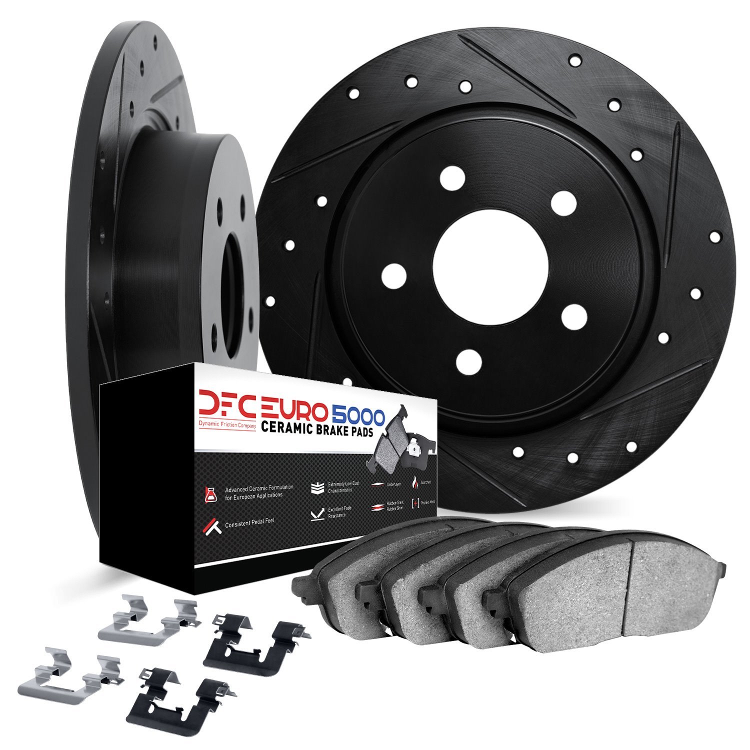 8612-27054 Drilled/Slotted Brake Rotors w/5000 Euro Ceramic Brake Pads Kit & Hardware [Black], 2018-2020 Volvo, Position: Rear