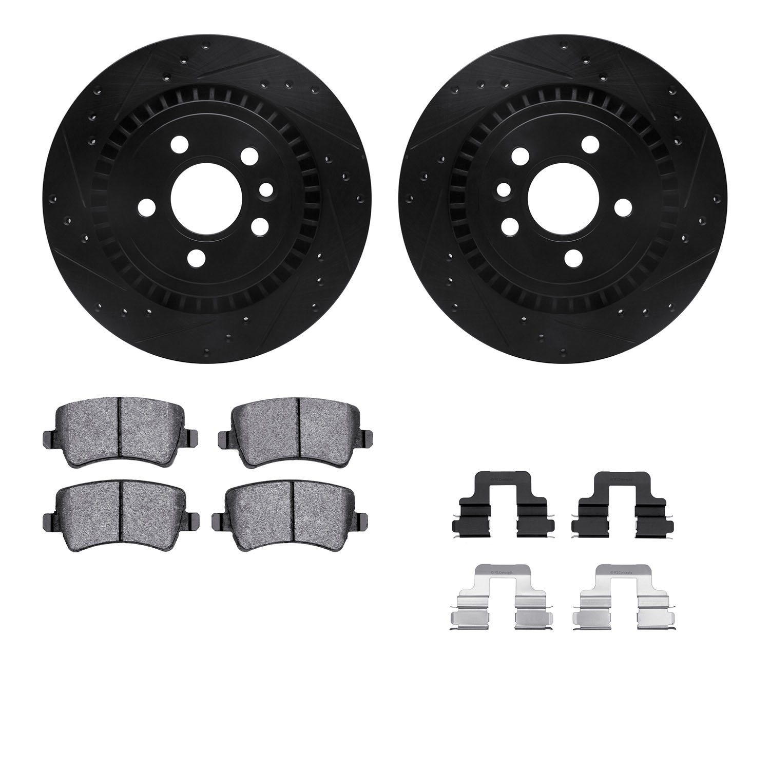 8612-27057 Drilled/Slotted Brake Rotors w/5000 Euro Ceramic Brake Pads Kit & Hardware [Black], 2008-2016 Volvo, Position: Rear
