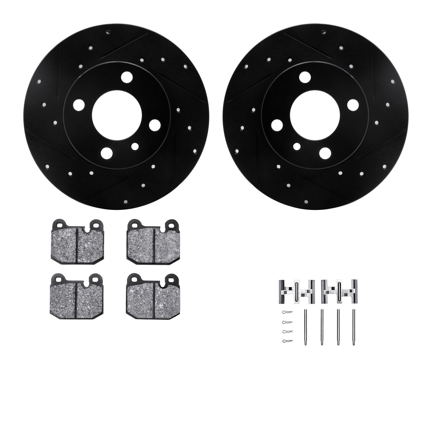 8612-31005 Drilled/Slotted Brake Rotors w/5000 Euro Ceramic Brake Pads Kit & Hardware [Black], 1977-1983 BMW, Position: Front