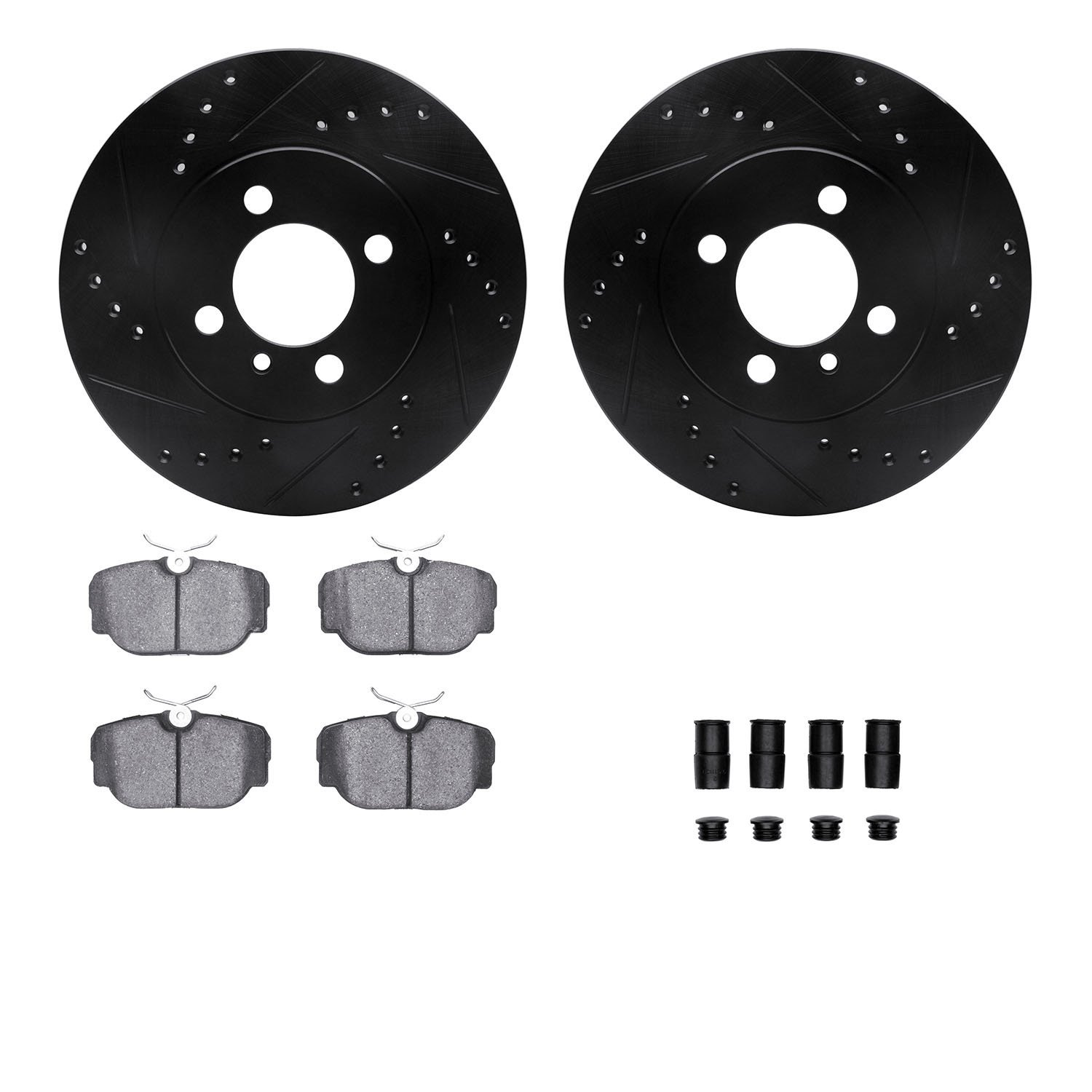 8612-31014 Drilled/Slotted Brake Rotors w/5000 Euro Ceramic Brake Pads Kit & Hardware [Black], 1984-1991 BMW, Position: Front