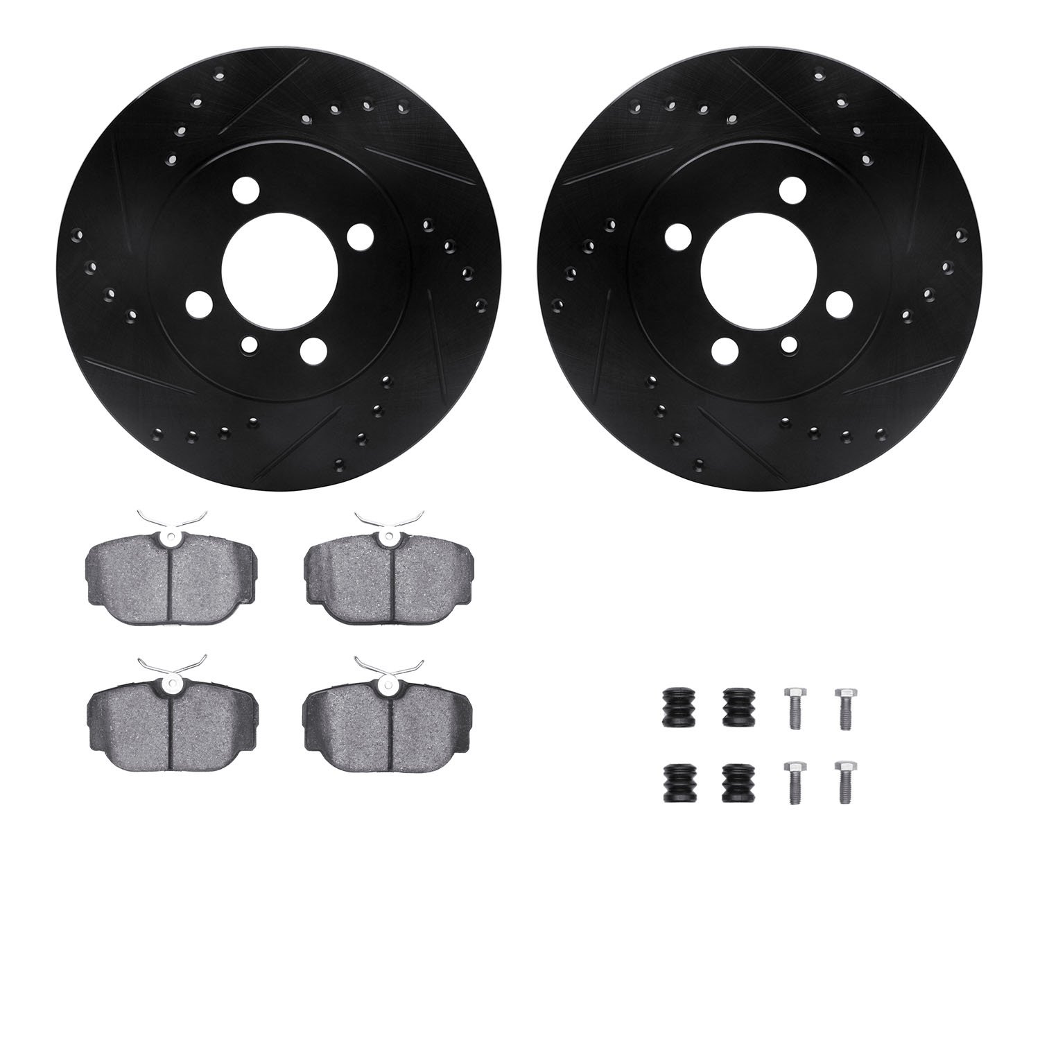 8612-31015 Drilled/Slotted Brake Rotors w/5000 Euro Ceramic Brake Pads Kit & Hardware [Black], 1984-1991 BMW, Position: Front