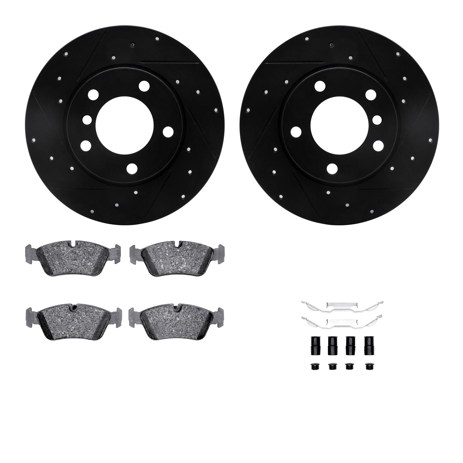 8612-31035 Drilled/Slotted Brake Rotors w/5000 Euro Ceramic Brake Pads Kit & Hardware [Black], 1995-1998 BMW, Position: Front