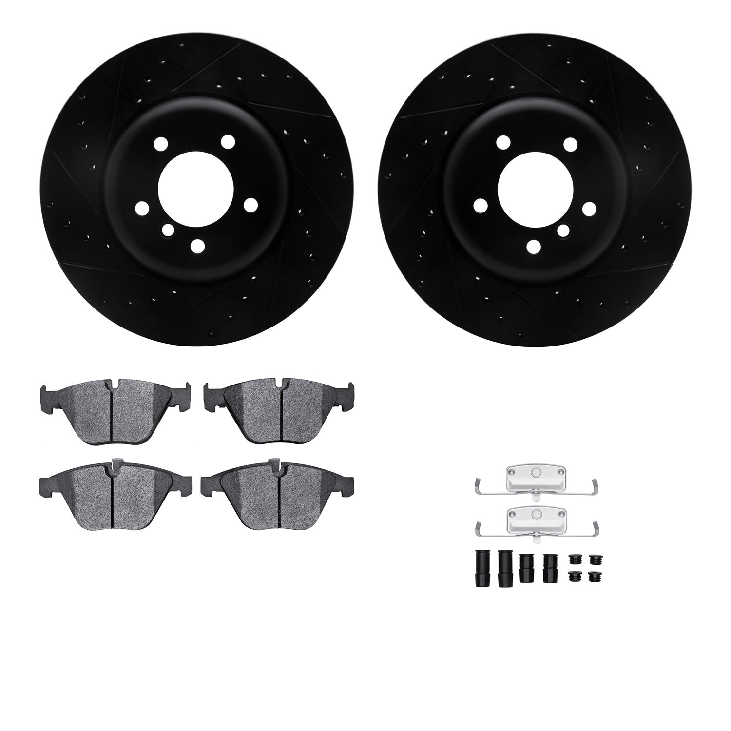 8612-31059 Drilled/Slotted Brake Rotors w/5000 Euro Ceramic Brake Pads Kit & Hardware [Black], 2004-2010 BMW, Position: Front