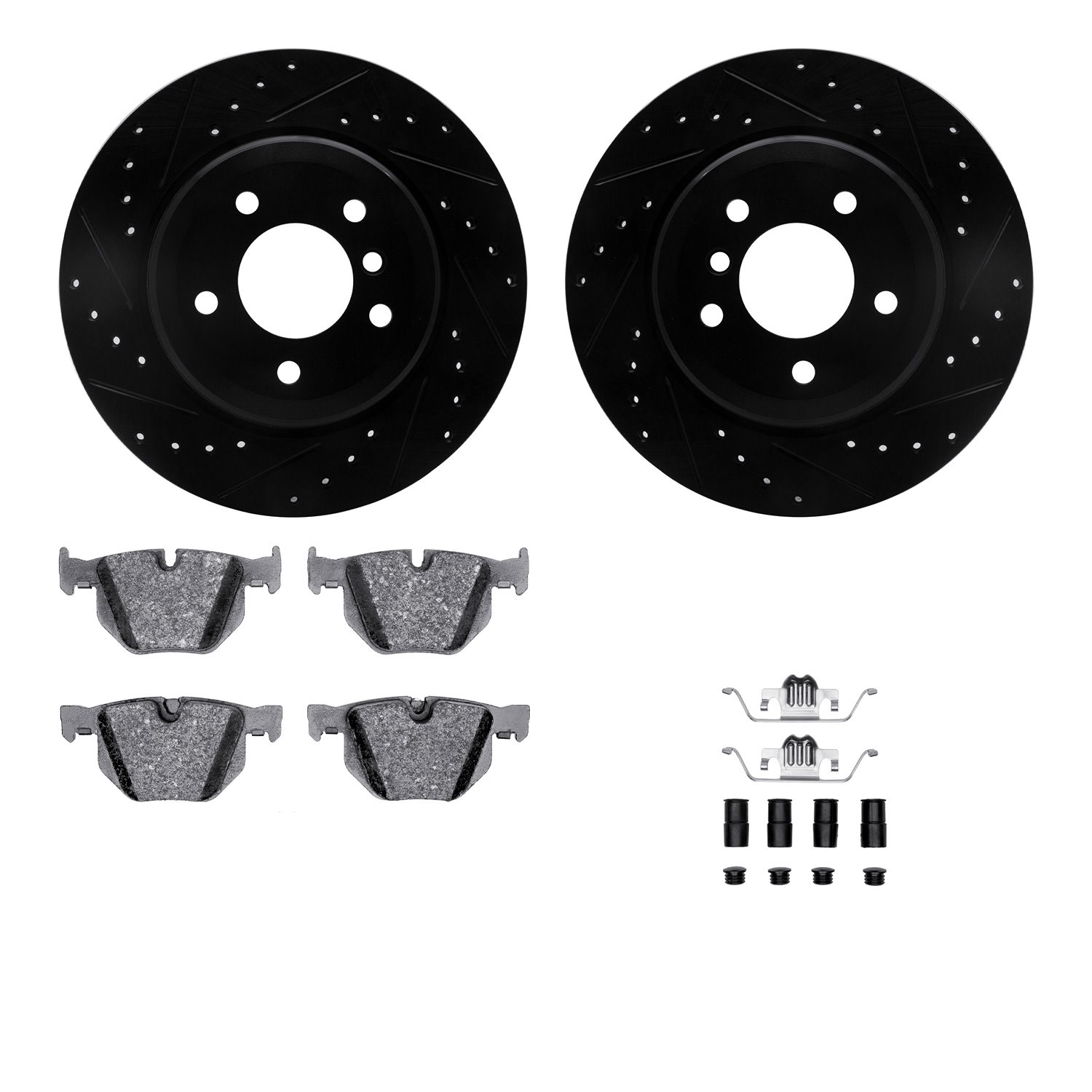 8612-31062 Drilled/Slotted Brake Rotors w/5000 Euro Ceramic Brake Pads Kit & Hardware [Black], 2004-2010 BMW, Position: Rear