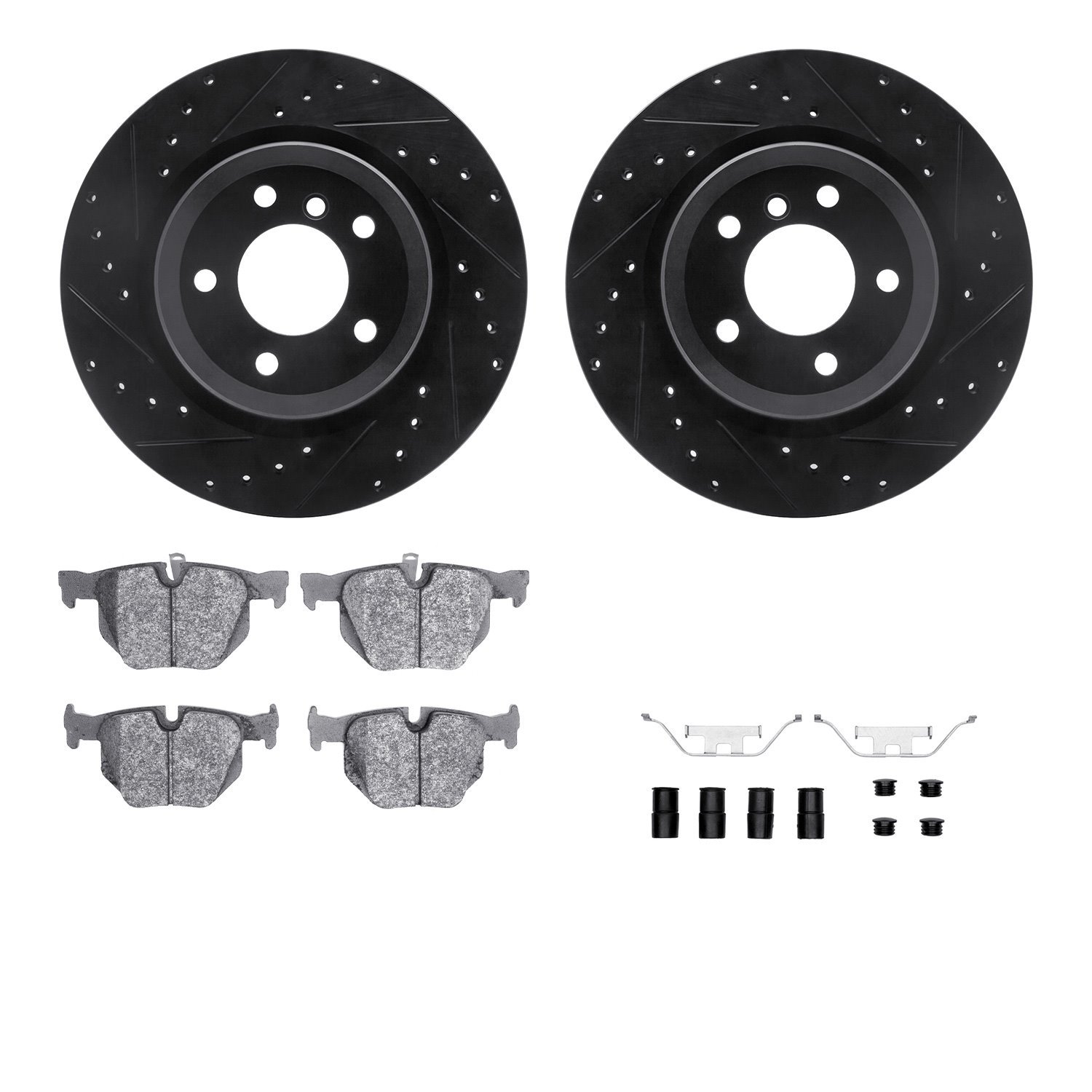 8612-31067 Drilled/Slotted Brake Rotors w/5000 Euro Ceramic Brake Pads Kit & Hardware [Black], 2006-2015 BMW, Position: Rear