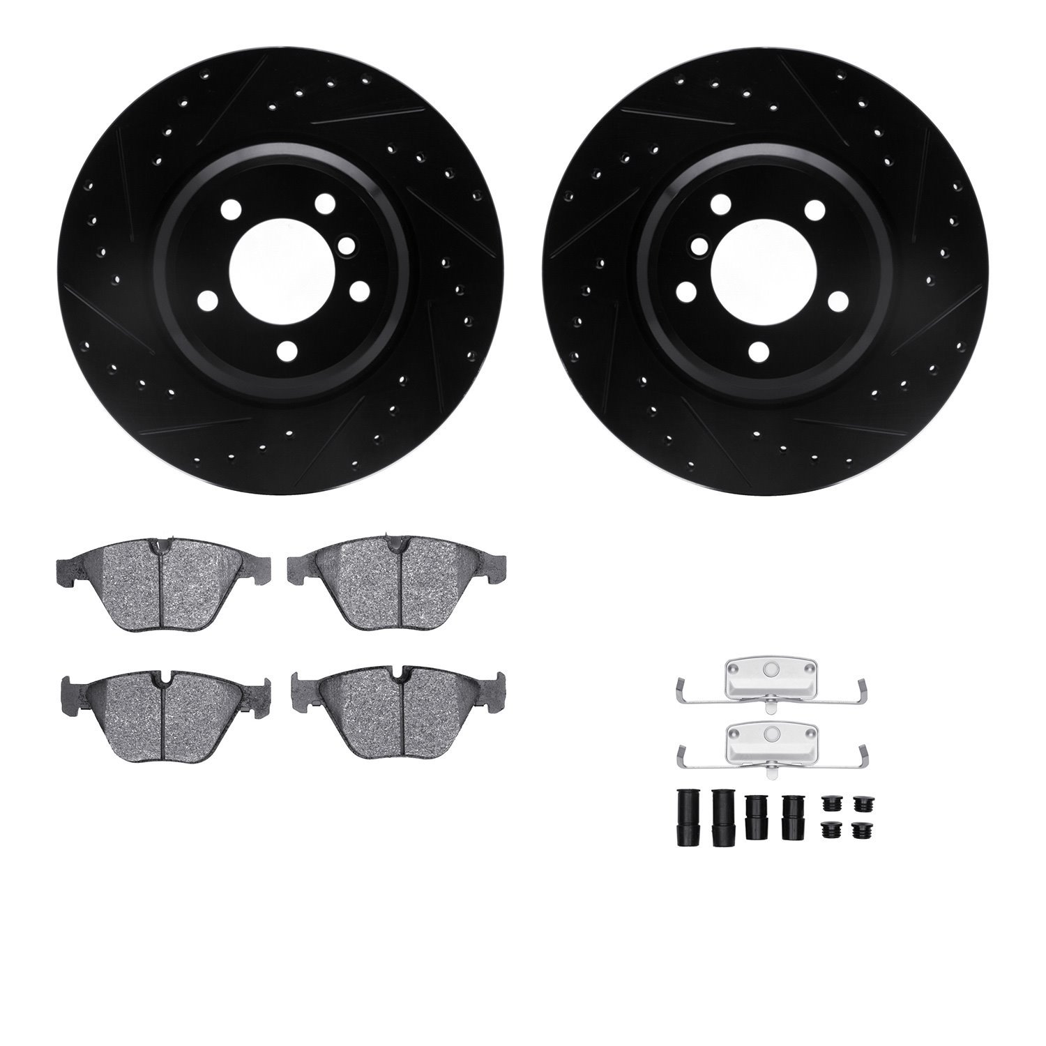 8612-31072 Drilled/Slotted Brake Rotors w/5000 Euro Ceramic Brake Pads Kit & Hardware [Black], 2007-2015 BMW, Position: Front