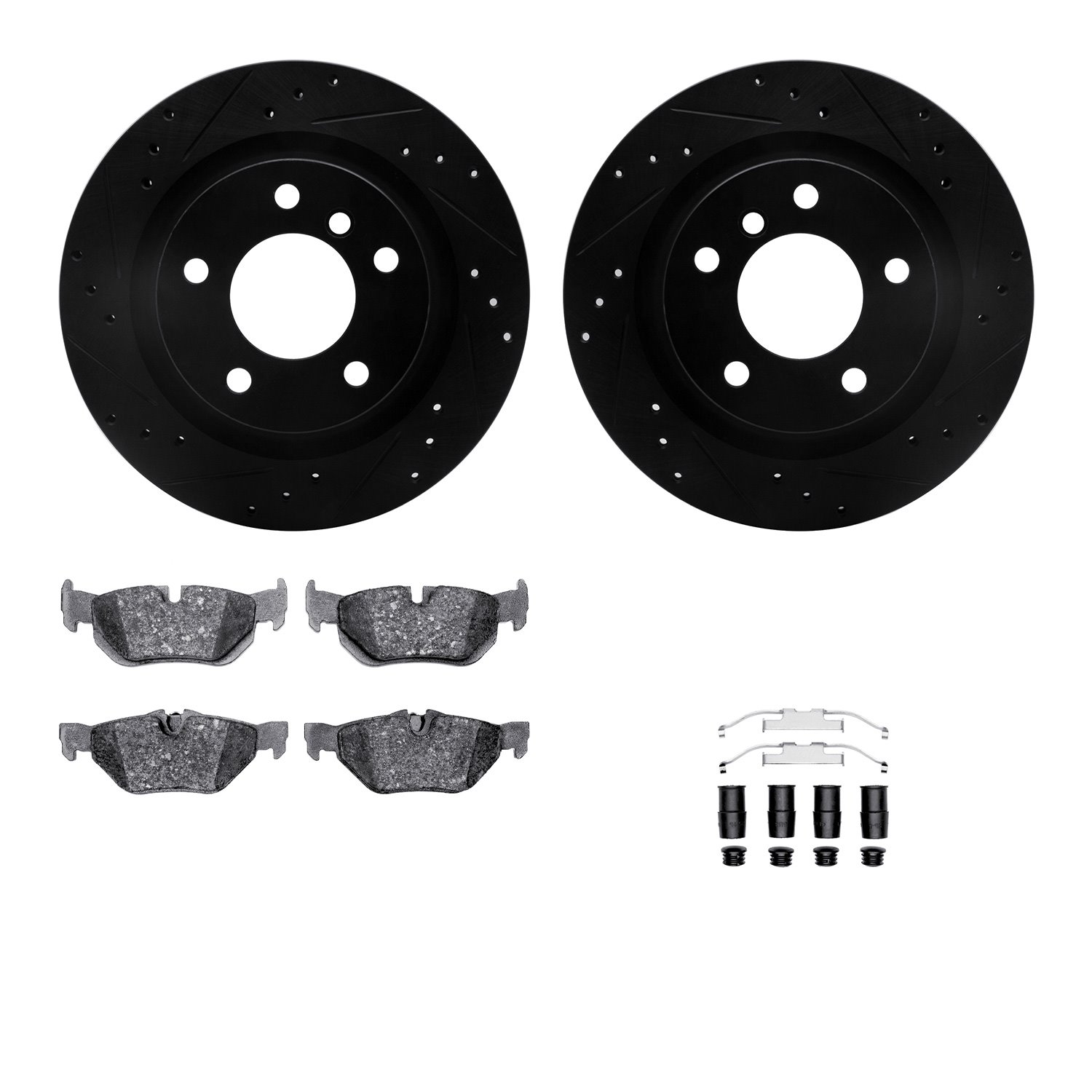 8612-31075 Drilled/Slotted Brake Rotors w/5000 Euro Ceramic Brake Pads Kit & Hardware [Black], 2008-2013 BMW, Position: Rear