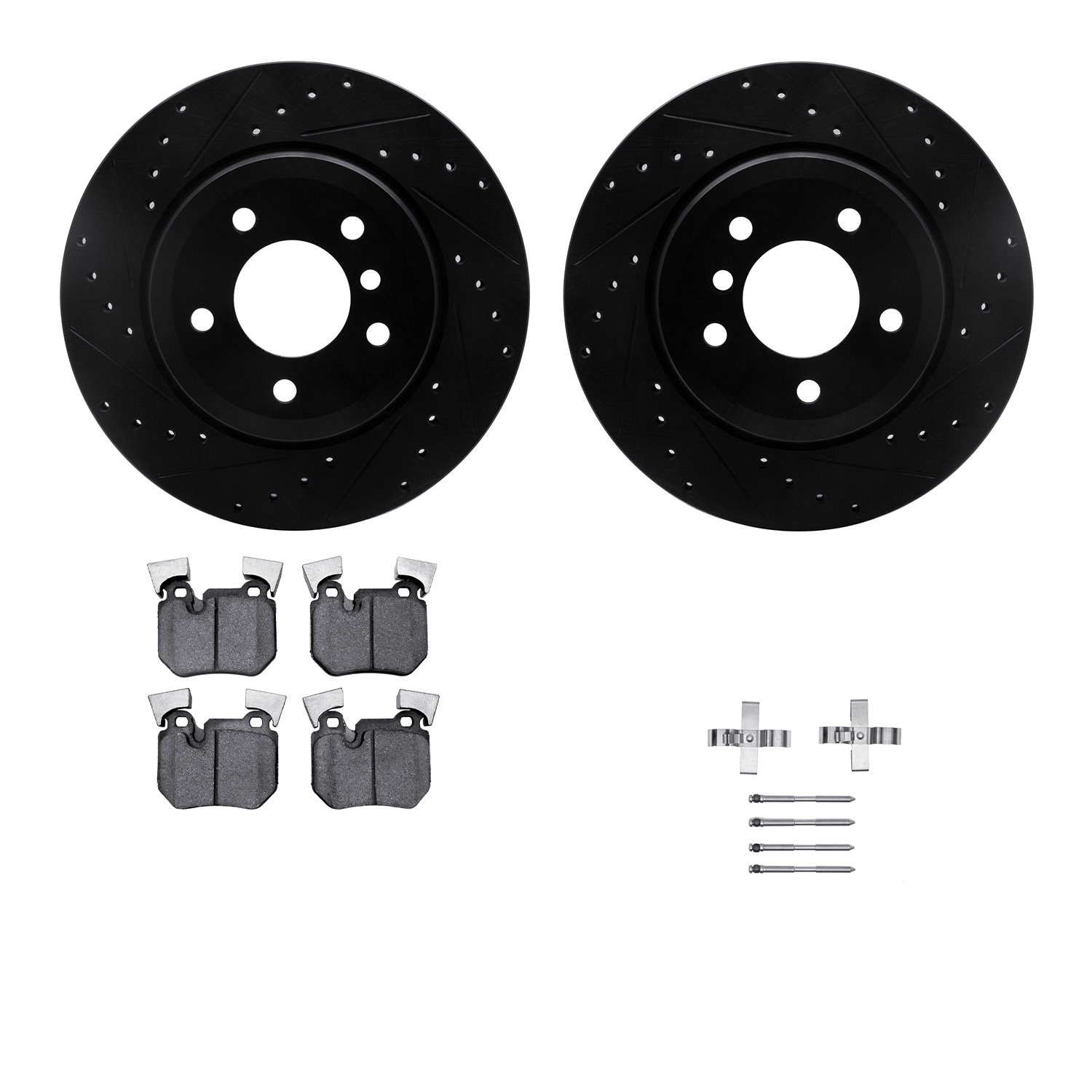 8612-31078 Drilled/Slotted Brake Rotors w/5000 Euro Ceramic Brake Pads Kit & Hardware [Black], 2008-2013 BMW, Position: Rear