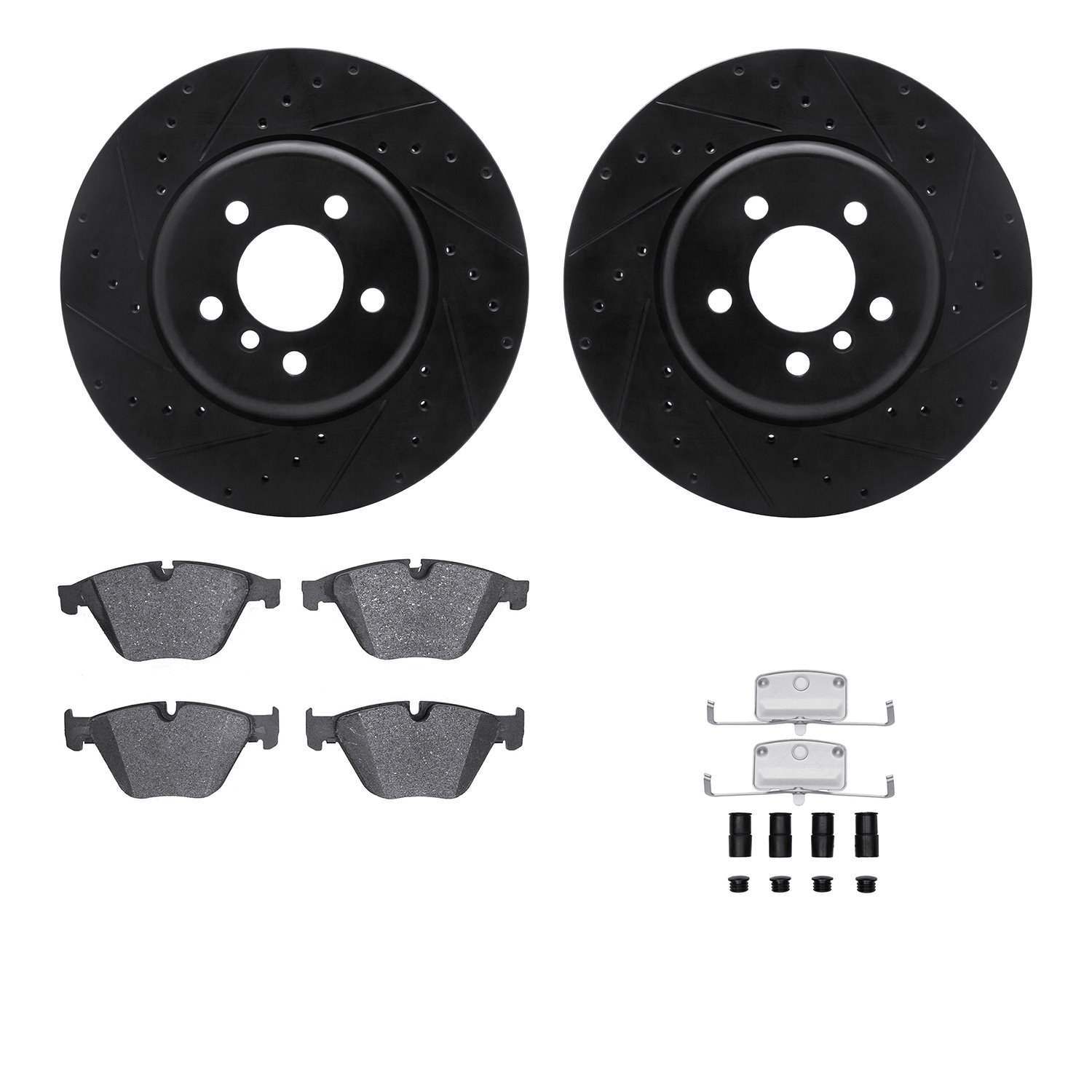 8612-31084 Drilled/Slotted Brake Rotors w/5000 Euro Ceramic Brake Pads Kit & Hardware [Black], 2011-2019 BMW, Position: Front