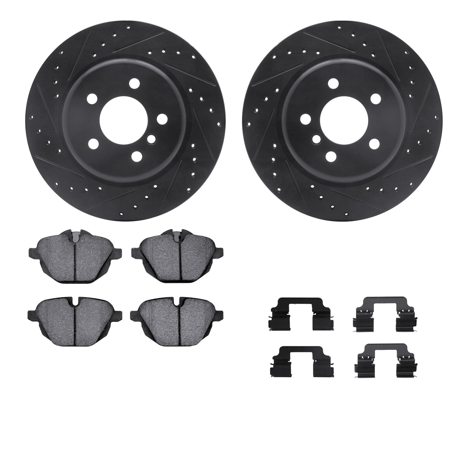 8612-31089 Drilled/Slotted Brake Rotors w/5000 Euro Ceramic Brake Pads Kit & Hardware [Black], 2011-2016 BMW, Position: Rear