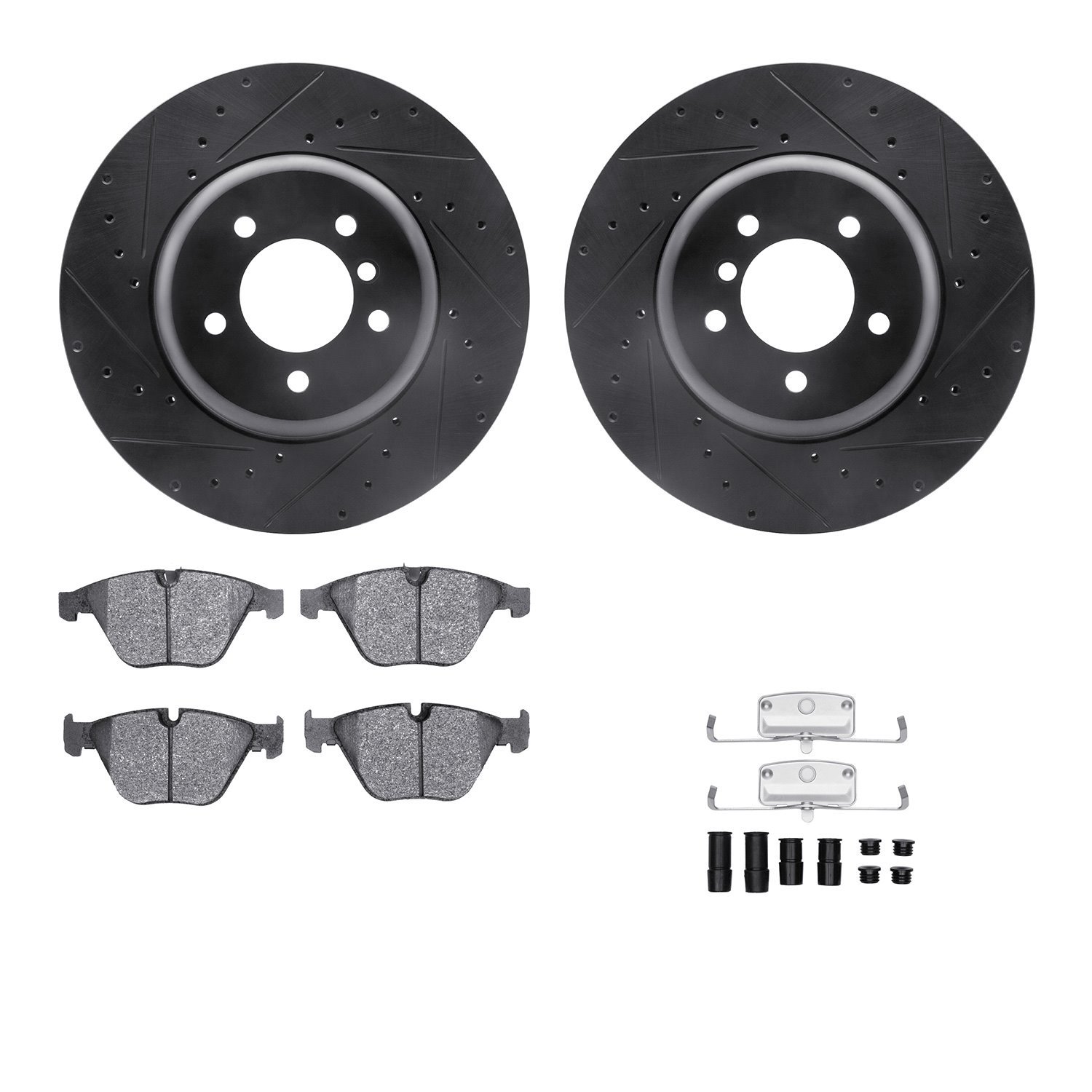 8612-31090 Drilled/Slotted Brake Rotors w/5000 Euro Ceramic Brake Pads Kit & Hardware [Black], 2011-2016 BMW, Position: Front